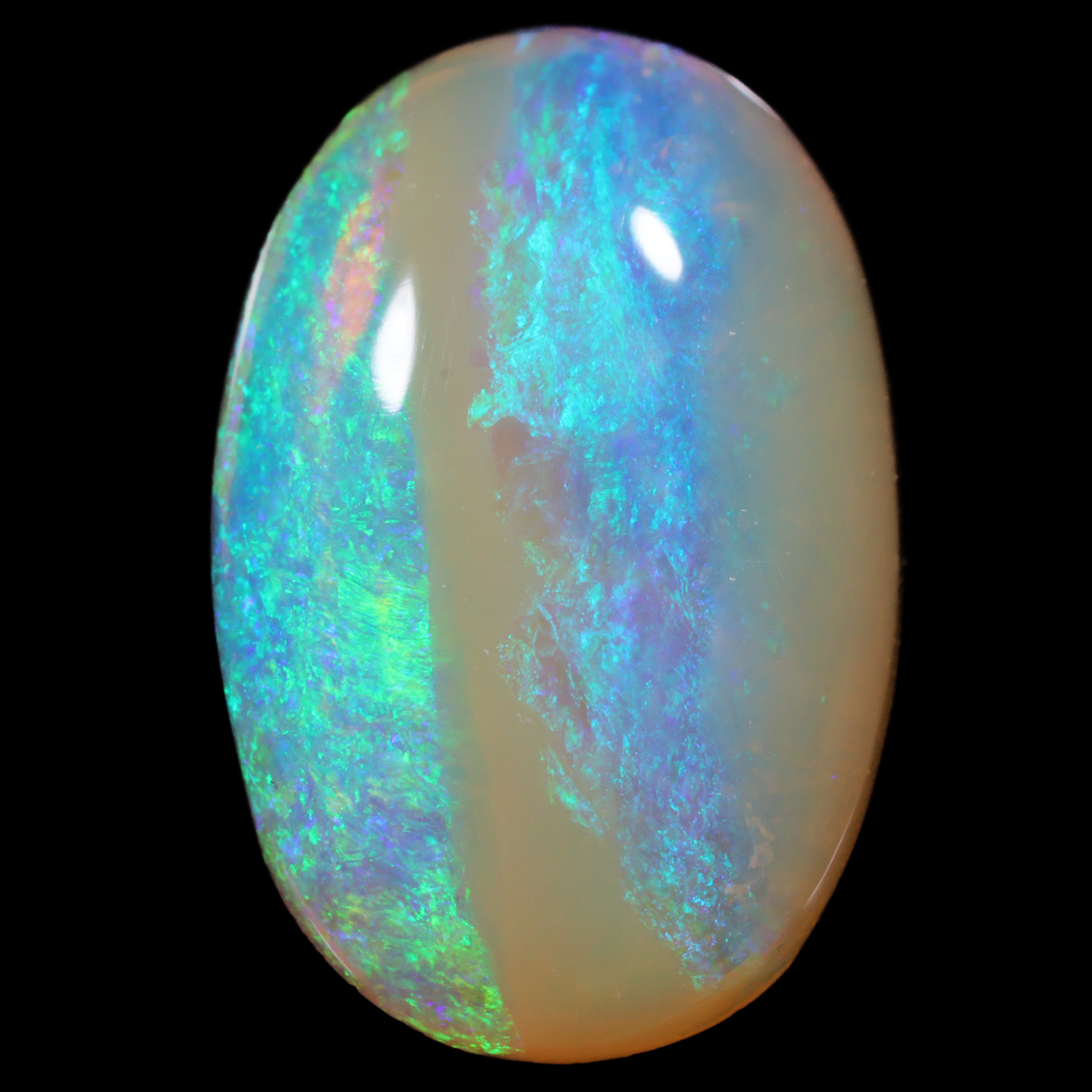 Crystal boulder opal 1.2 ct close view on black showing strong blue green fire across the oval face.