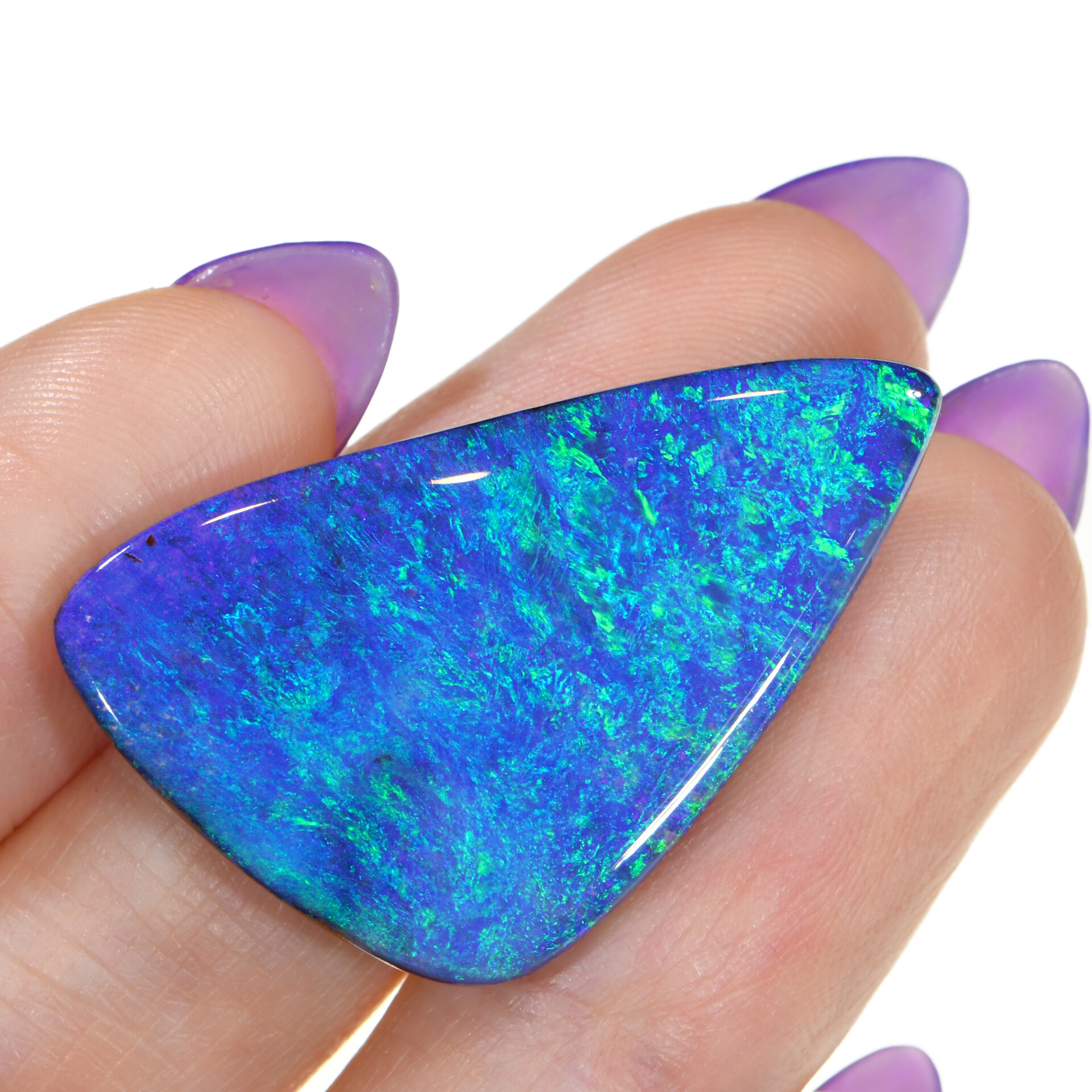 Boulder Opal 28.62 ct Beautiful Neon Green Blue Fire Boulder Opal. 100% Natural Solid Untreated Genuine Boulder Opal Loose Stone From Winton, Queensland, Australia. Freeform Shape, Well Polished Smooth Surface.