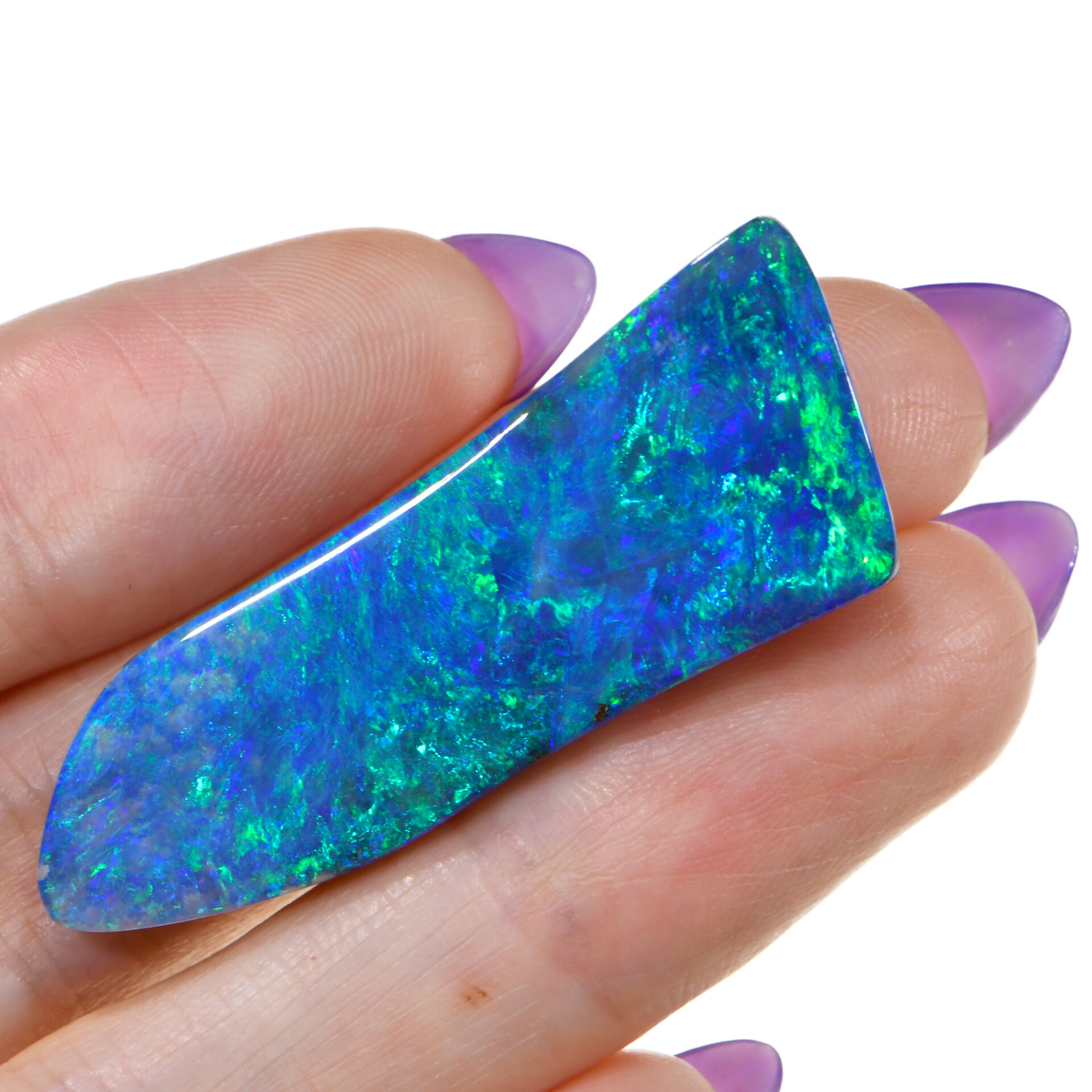 Boulder Opal 32.86 ct Brilliant Neon Green Blue Fire Boulder Opal. 100% Natural Solid Untreated Genuine Boulder Opal Loose Stone From Winton, Queensland, Australia. Freeform Shape, Well Polished Smooth Surface.
