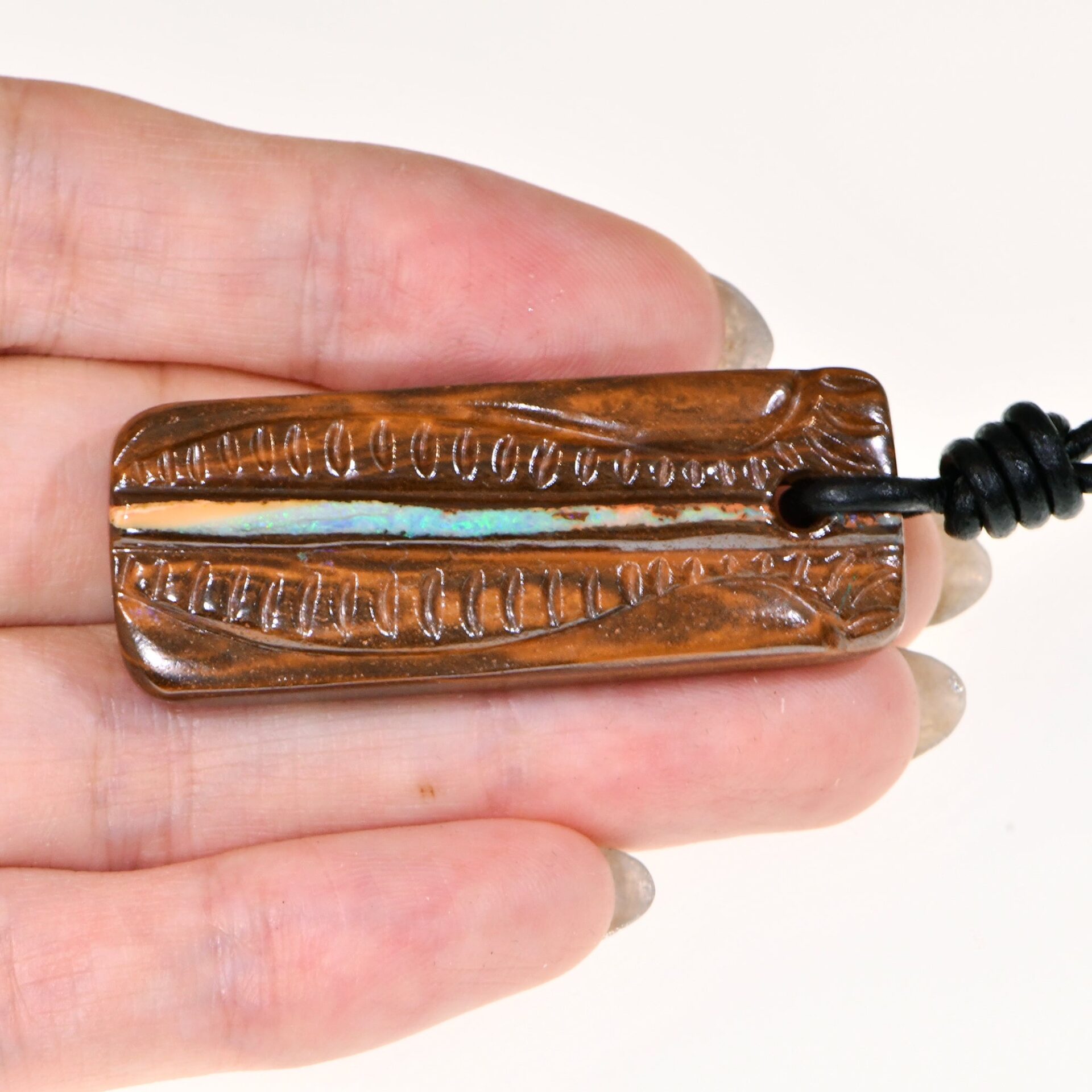 Hand Carved Australian Boulder Opal Pendant with genuine adjustable leather necklace 47x19x8mm