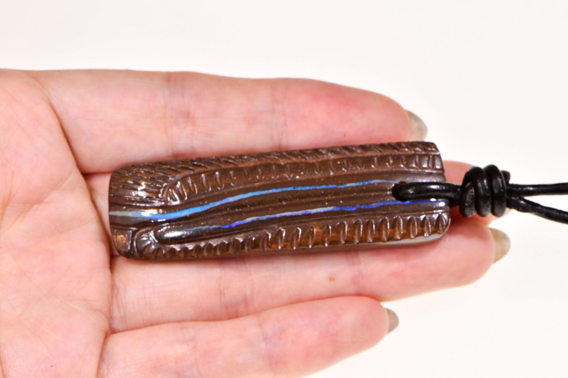 Hand Carved Australian Boulder Opal Pendant with genuine adjustable leather necklace 62x20x9mm