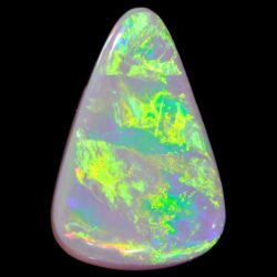 Natural dark opal Lightning Ridge front view showing a triangular freeform cabochon with bright green and yellow color play.