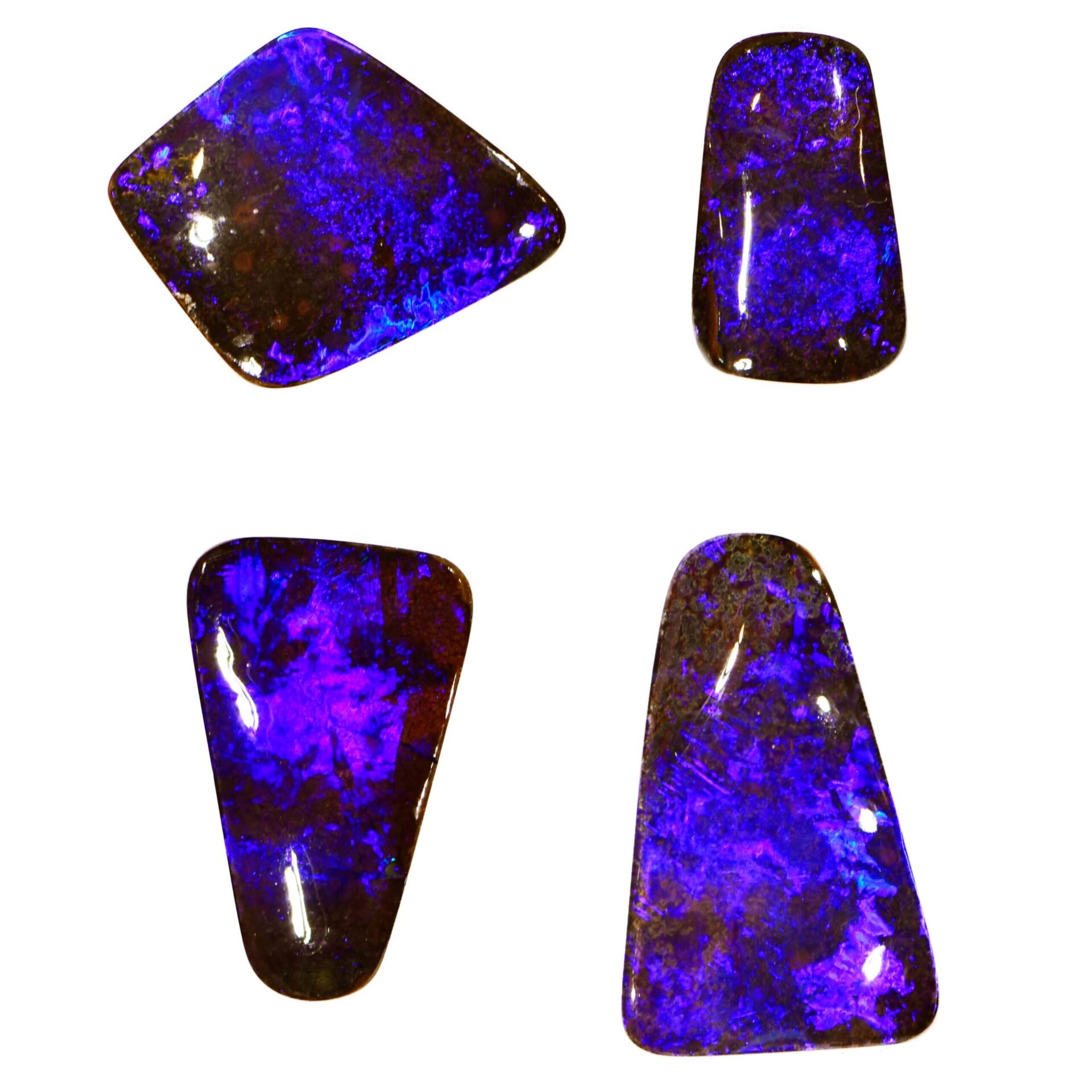 30.58ct Natural Boulder Opal Parcel with Blue Purple Fire from Winton, Australia – Four Polished Stones in Assorted Shapes