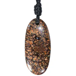 Australian boulder opal pendant necklace on black cord, front view
