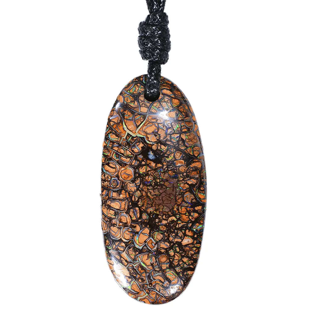 Full view of Australian boulder opal pendant on adjustable black cord