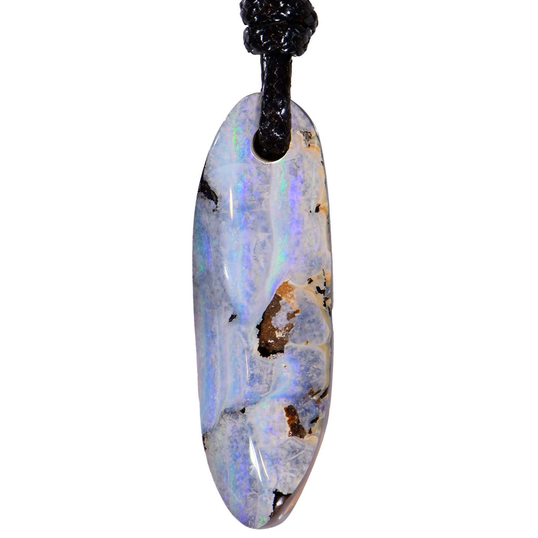 This is a Boulder Opal Pendant With Knot Slide Style Black Necklace. 100% natural, solid, genuine Australian Boulder Opal Stone displays Blue Green Stripe fire . Freeform shape with an undulating face with a smooth surface.