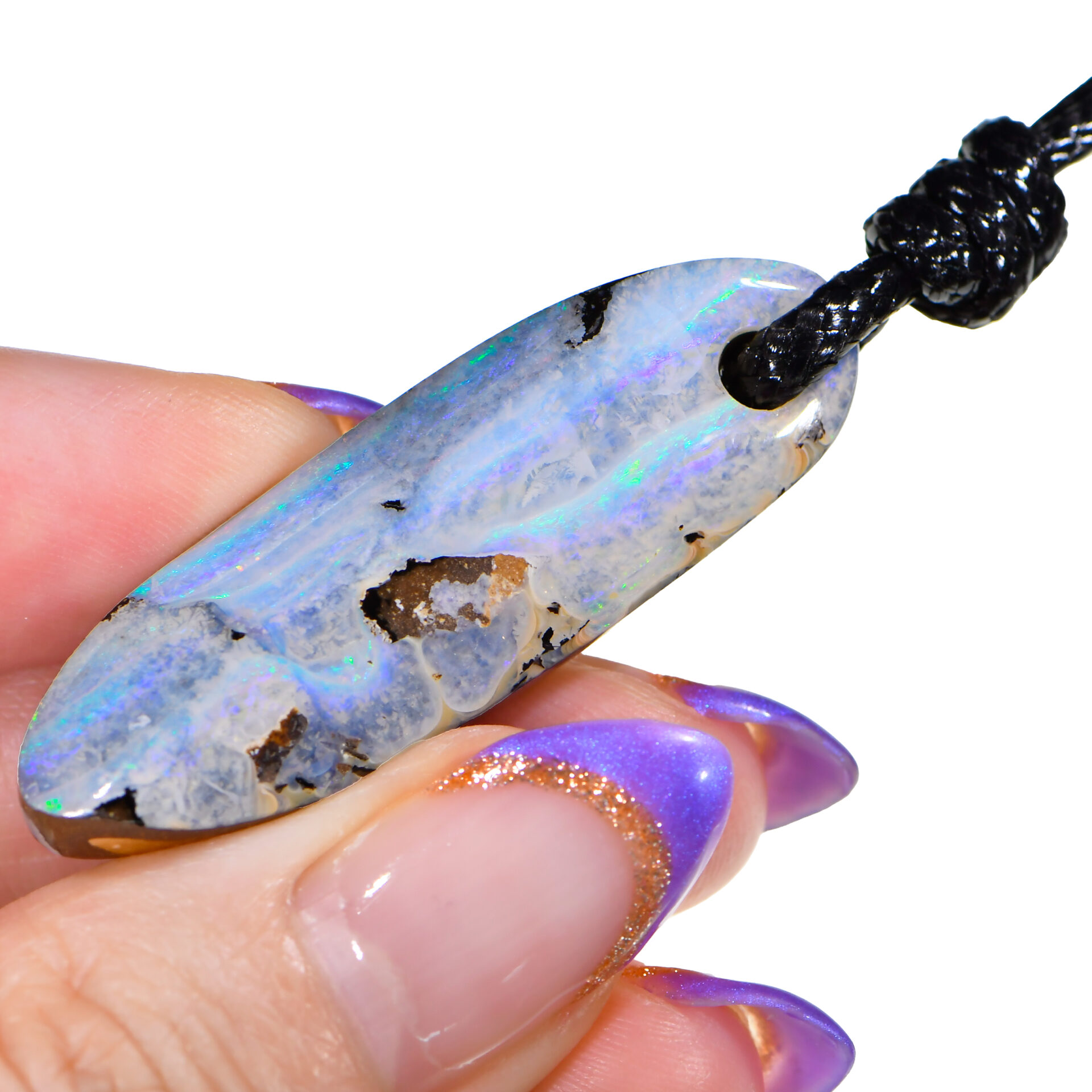 This is a Boulder Opal Pendant With Knot Slide Style Black Necklace. 100% natural, solid, genuine Australian Boulder Opal Stone displays Blue Green Stripe fire . Freeform shape with an undulating face with a smooth surface.