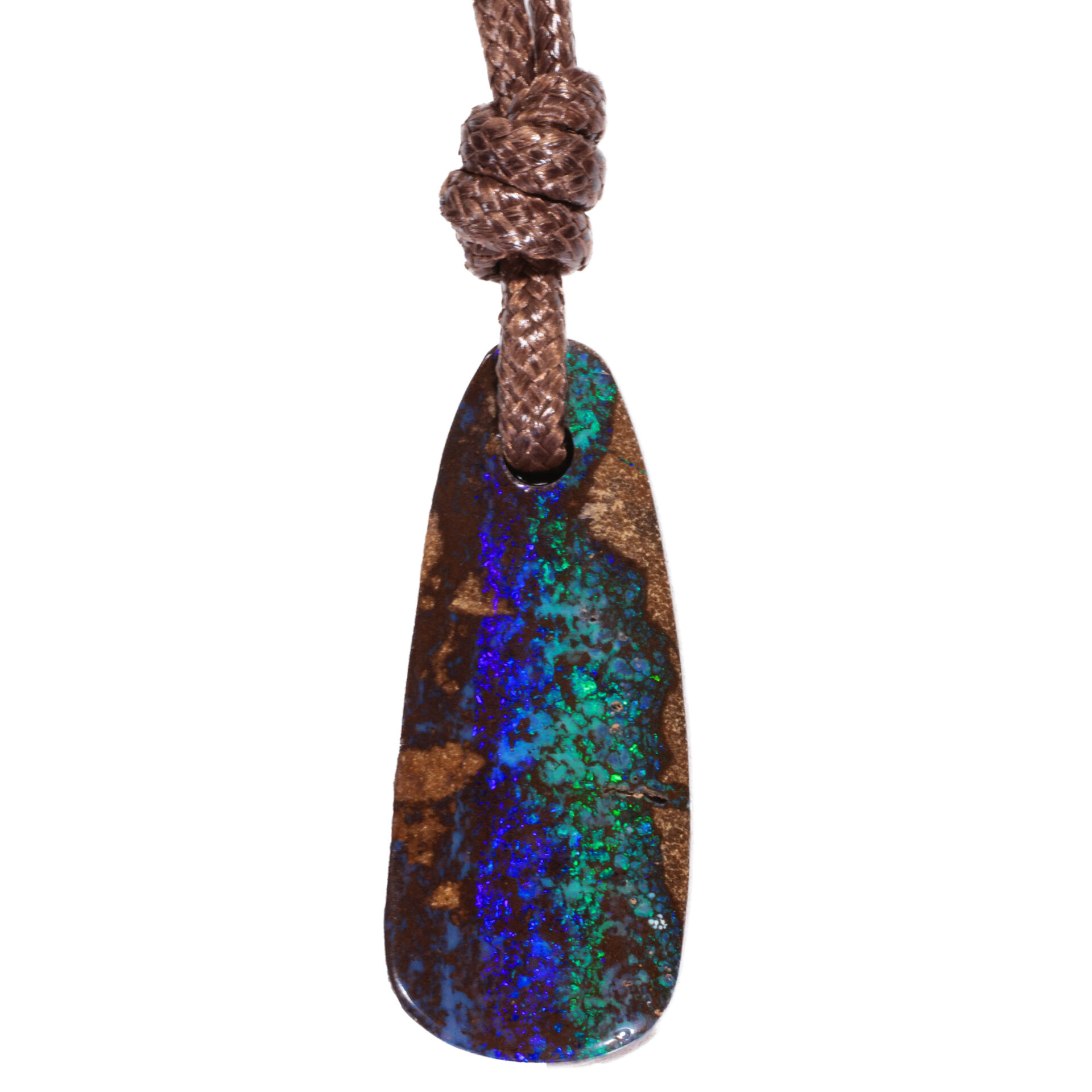 33.5ct Natural Wood Replacement Boulder Opal Pendant with Earthy Brown Ironstone and Vivid Blue & Green Play-of-Color, Adjustable Slide Knot Cord Necklace. Main Image.