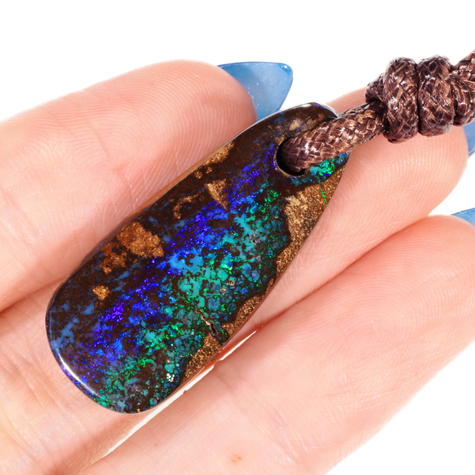 33.5ct Natural Wood Replacement Boulder Opal Pendant with Earthy Brown Ironstone and Vivid Blue & Green Play-of-Color, Adjustable Slide Knot Cord Necklace. Hand shot.