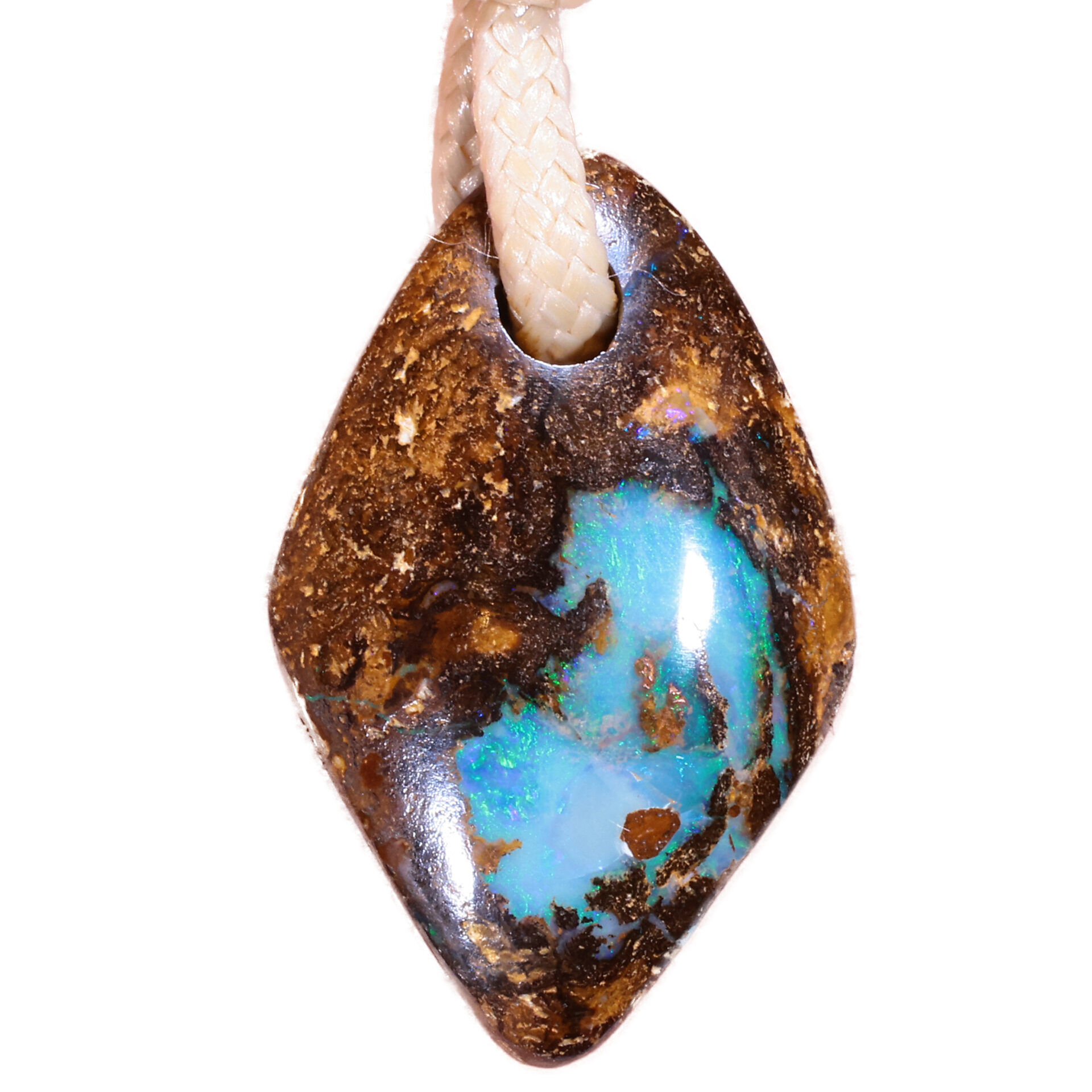 18.5ct Natural Wood Replacement Boulder Opal Pendant with Earthy Brown Ironstone and Blue Opal Accents, Cream Slide Knot Cord Necklace, Ready to Wear.