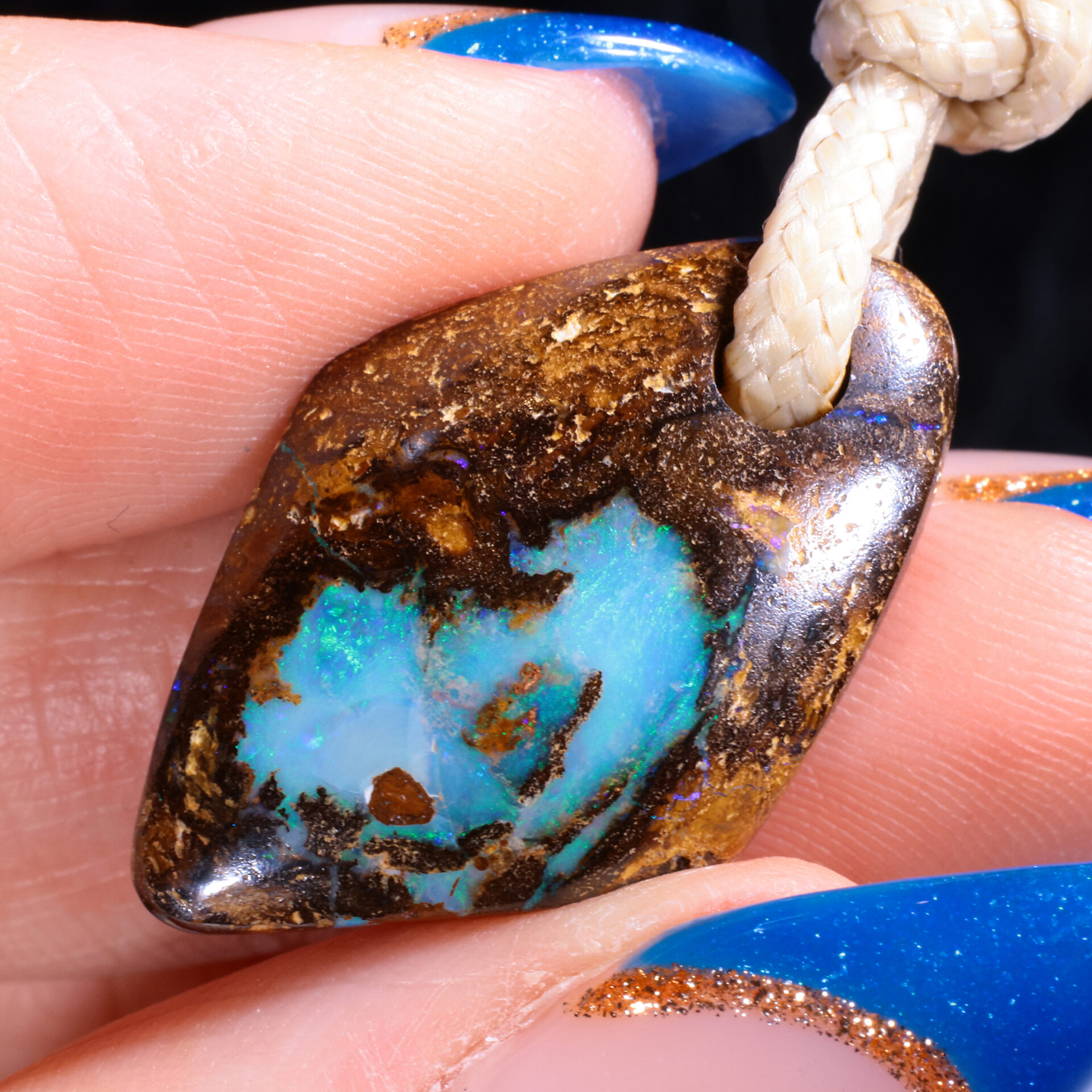 18.5ct Natural Wood Replacement Boulder Opal Pendant with Earthy Brown Ironstone and Blue Opal Accents, Cream Slide Knot Cord Necklace, Ready to Wear.