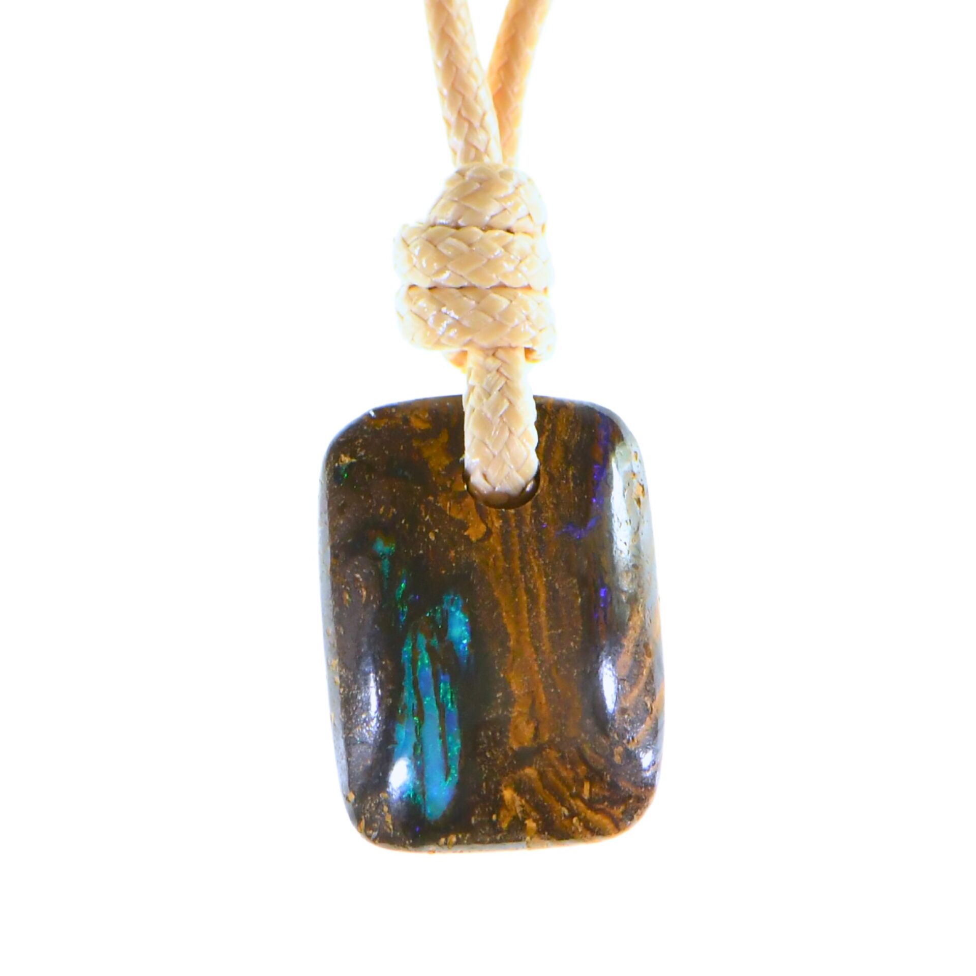 27ct Natural Boulder Opal Pendant Rectangle with Green Fire and Wood Fossil Pattern from Winton, Australia.