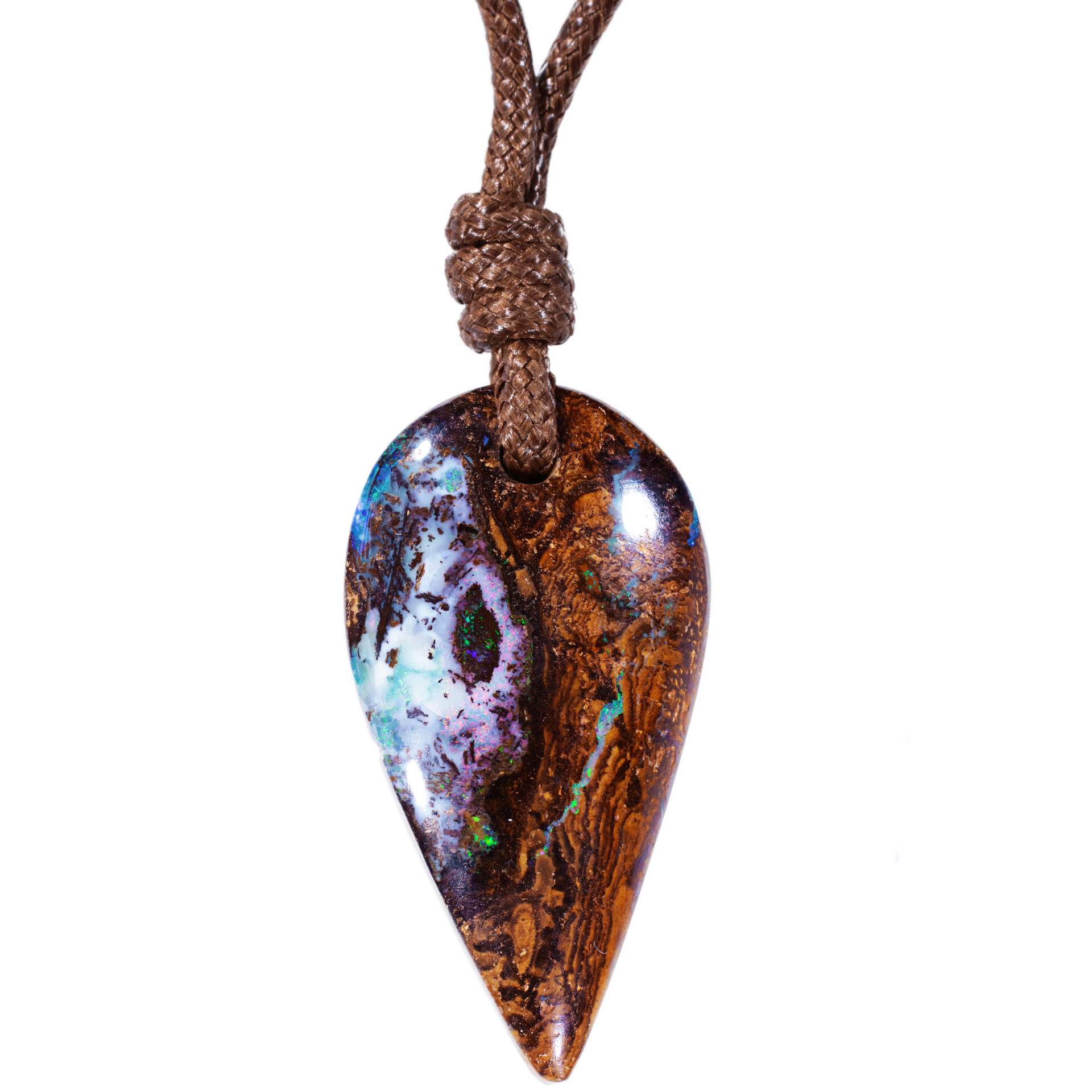 Solid wood fossil boulder opal pendant on white background, teardrop cut with adjustable cord necklace, handmade in Australia