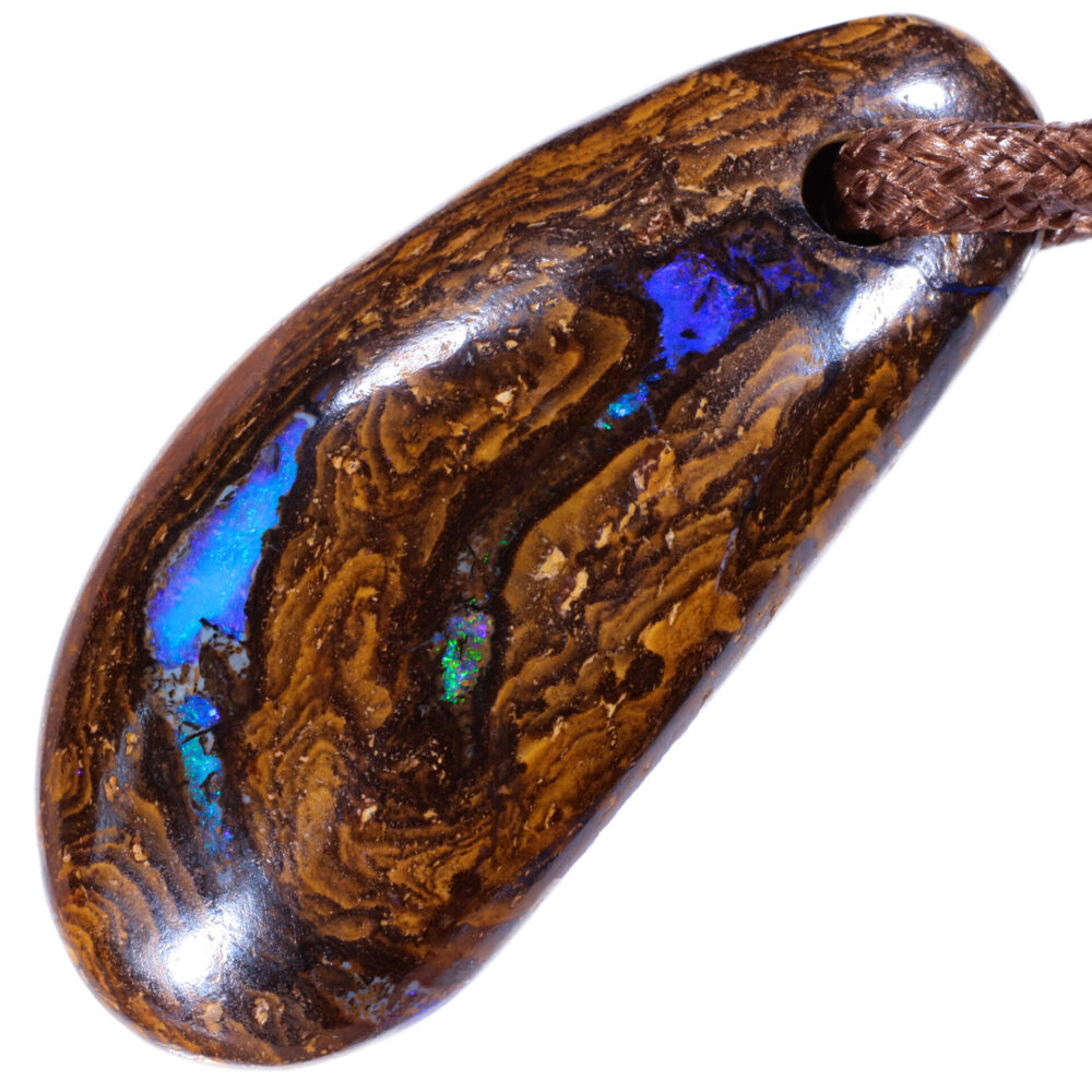 Solid Wood Fossil Boulder Opal Pendant – Blue Green Fire | Opal Galaxy