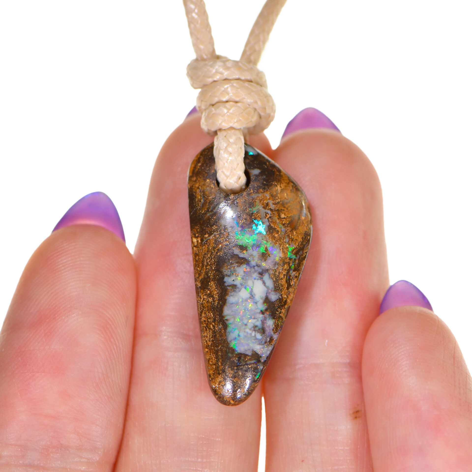 Boulder Opal Pendant With Adjustable Beige Rope Necklace. Freeform Multi Color Fire Natural Solid Drilled Australian Wood Fossil Boulder Opal.