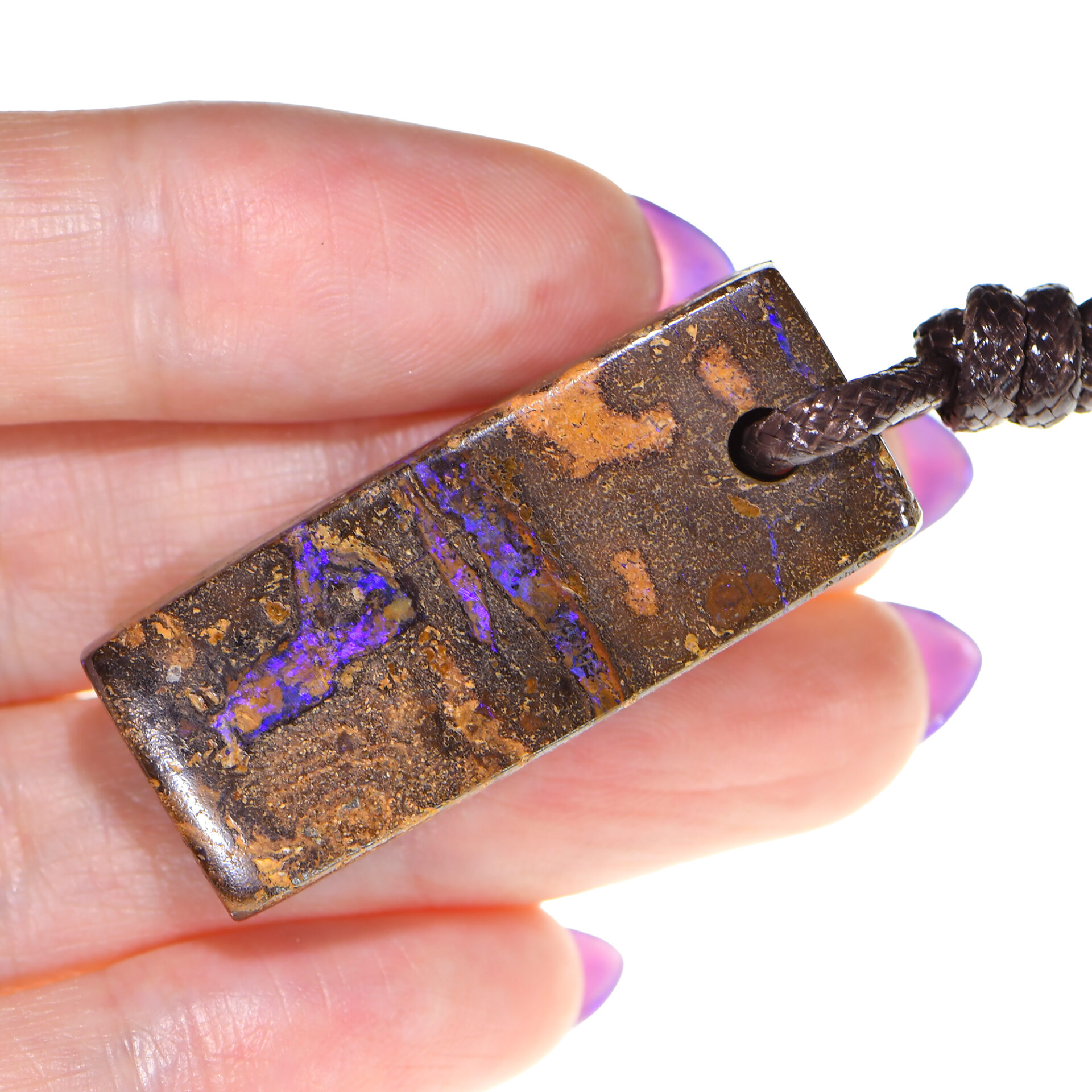 Boulder Opal Pendant With Adjustable Brown Rope Necklace. Rectangle Shape Purple Natural Solid Drilled Australian Wood Fossil Boulder Opal.