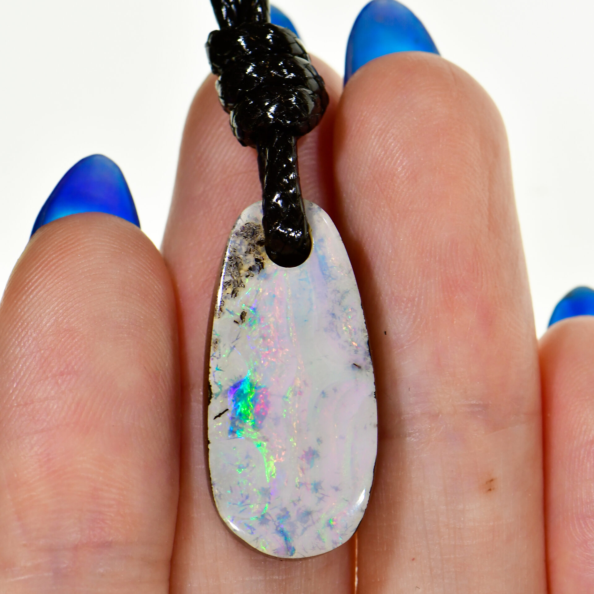 Australian Boulder Opal Pendant With Adjustable Black Rope Necklace. Teardrop Shape, Rainbow Color Flash, Natural Solid Drilled Australian Boulder Opal