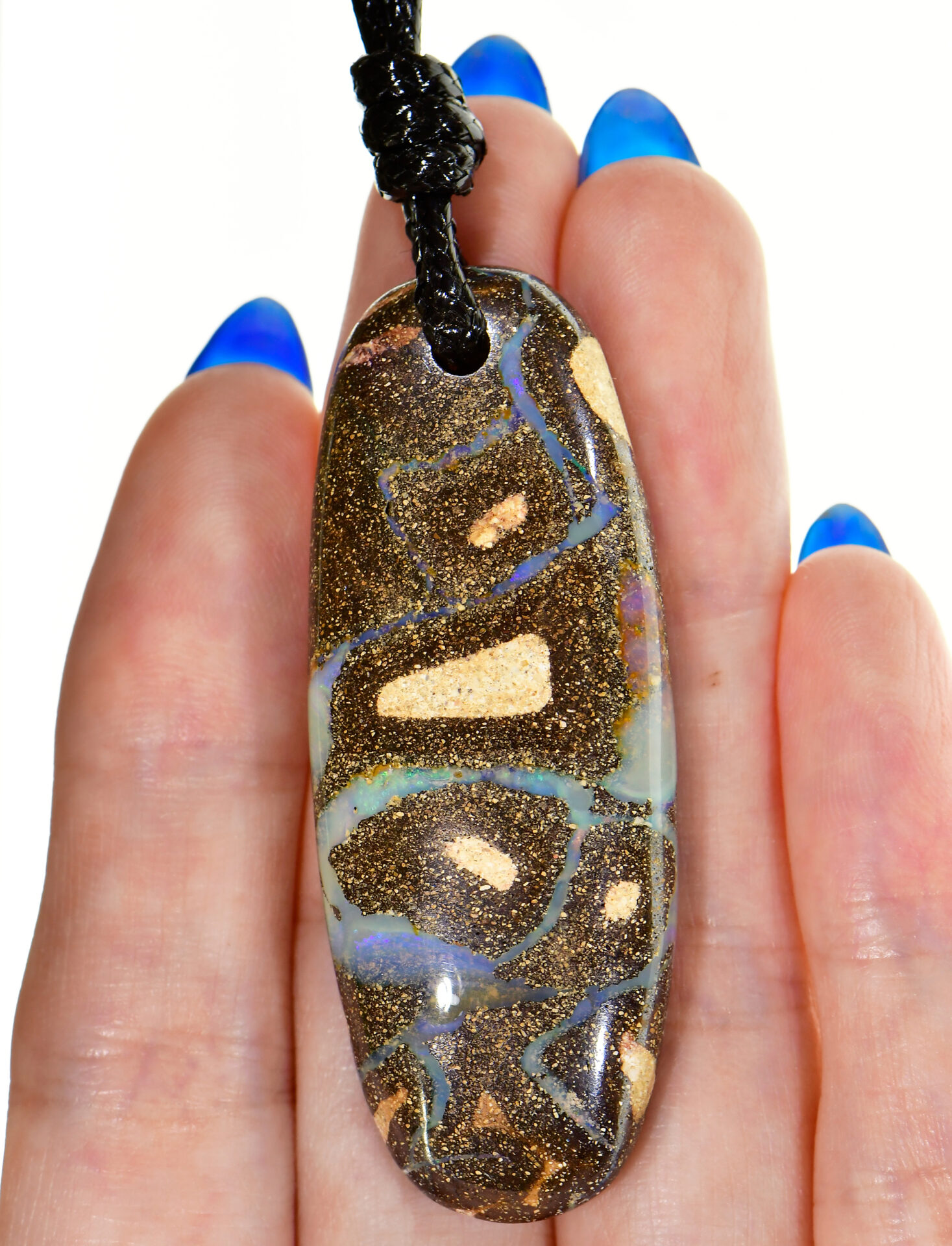 Large Boulder Opal Pendant With Adjustable Black Rope Necklace. Large Oval Shape Multi Color Veins Natural Solid Australian Boulder Opal Stone