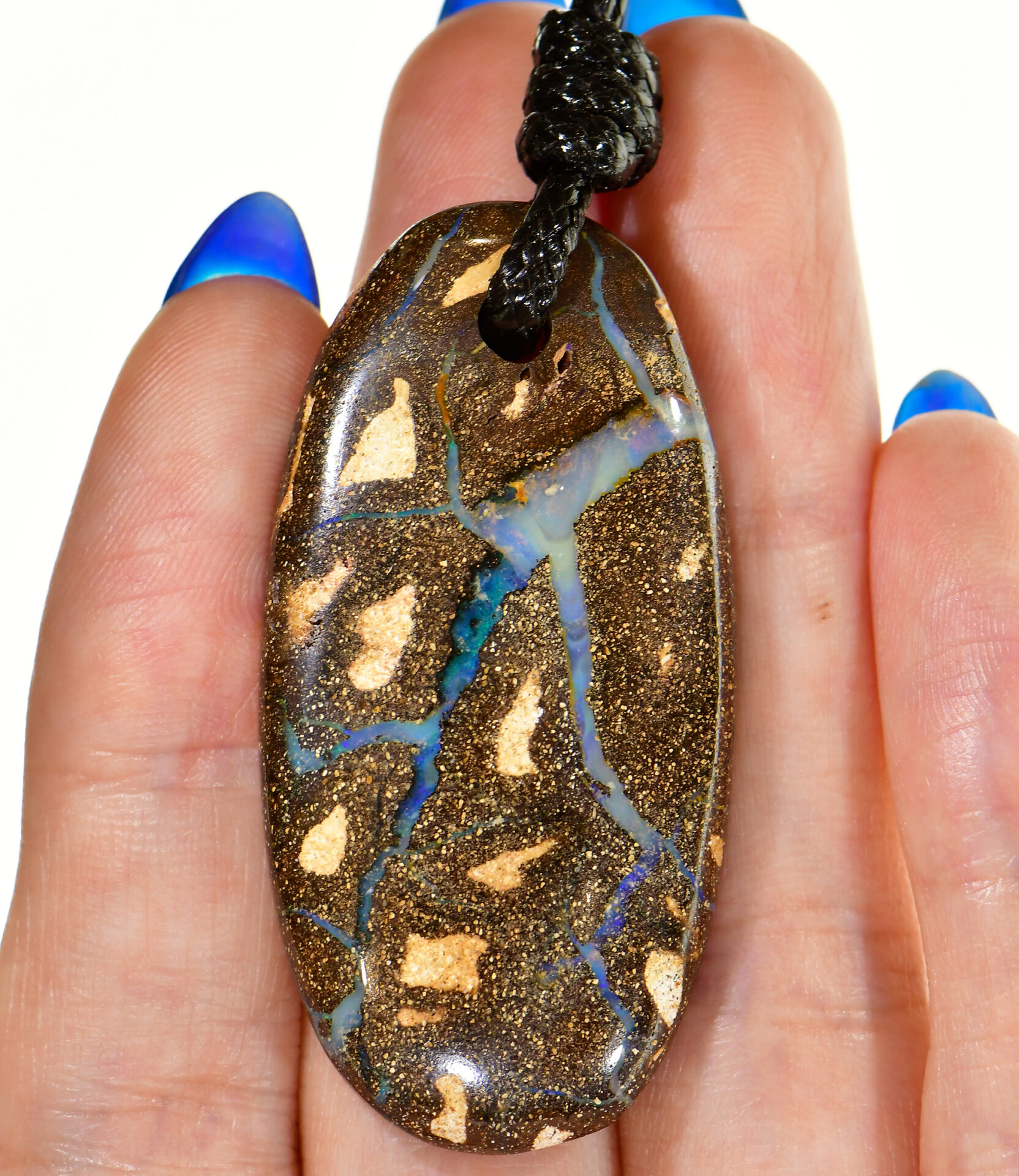 Large Boulder Opal Pendant With Adjustable Black Rope Necklace. Large Oval Shape Multi Color Veins Natural Solid Polished Genuine Australian Boulder Opal Stone.