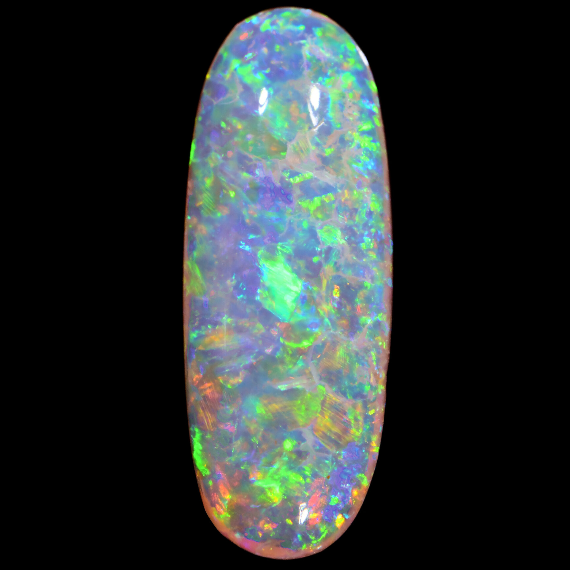 Crystal Boulder Opal 1.64 ct, 100% Natural Solid Polished Crystal Boulder Opal From Australia. Long Oval Shape, Middle Dome, Orange Yellow, Green, Blue, Cyan Fire.
