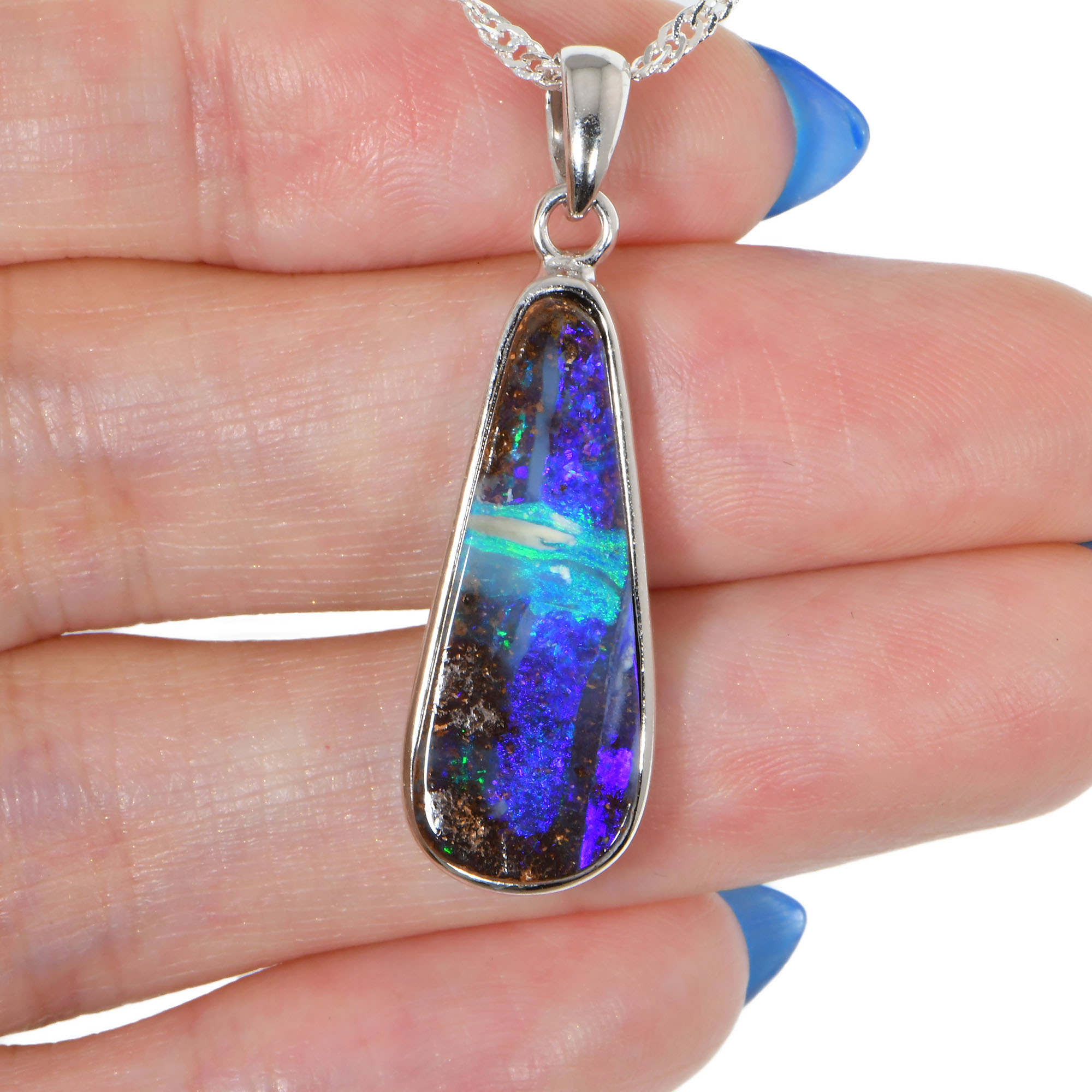 Silver Australian Boulder Opal Pendant with Necklace 17 ct-hand shot1