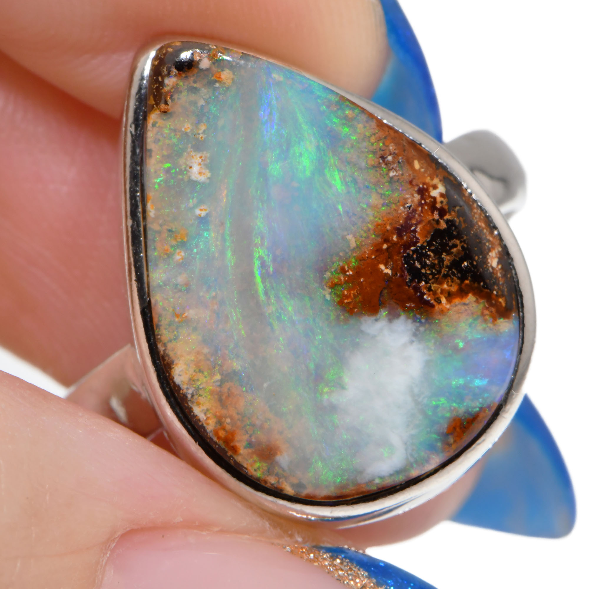 Sterling Silver Solid Teardrop Australian Boulder Opal Ring 24 ct-hand shot