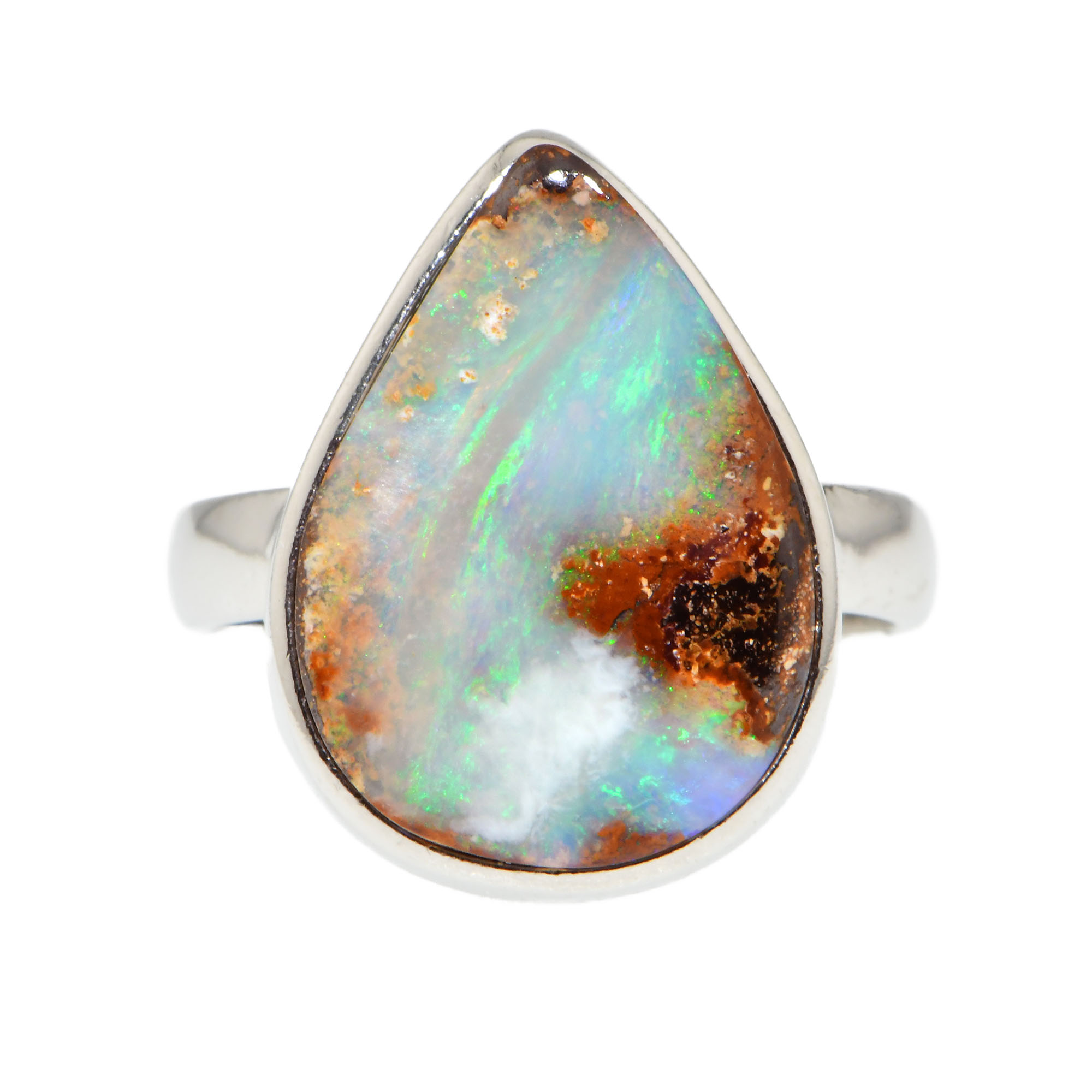 Sterling Silver Solid Teardrop Australian Boulder Opal Ring 24 ct