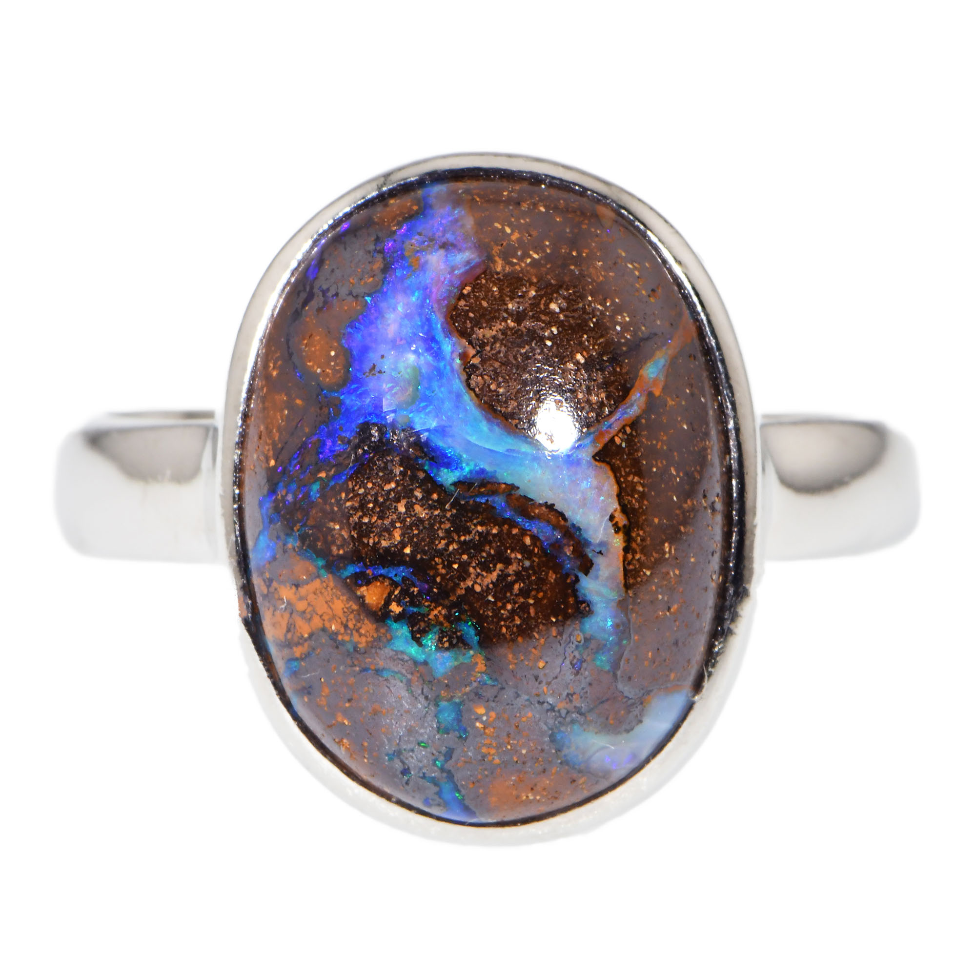 Sterling Silver Solid Australian Blue Oval Boulder Opal Ring 21 ct
