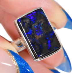 Sterling Silver Blue Rectangle Boulder Opal Ring 22 ct US 7 in hand view Australian opal ring sterling silver Opal Galaxy product image