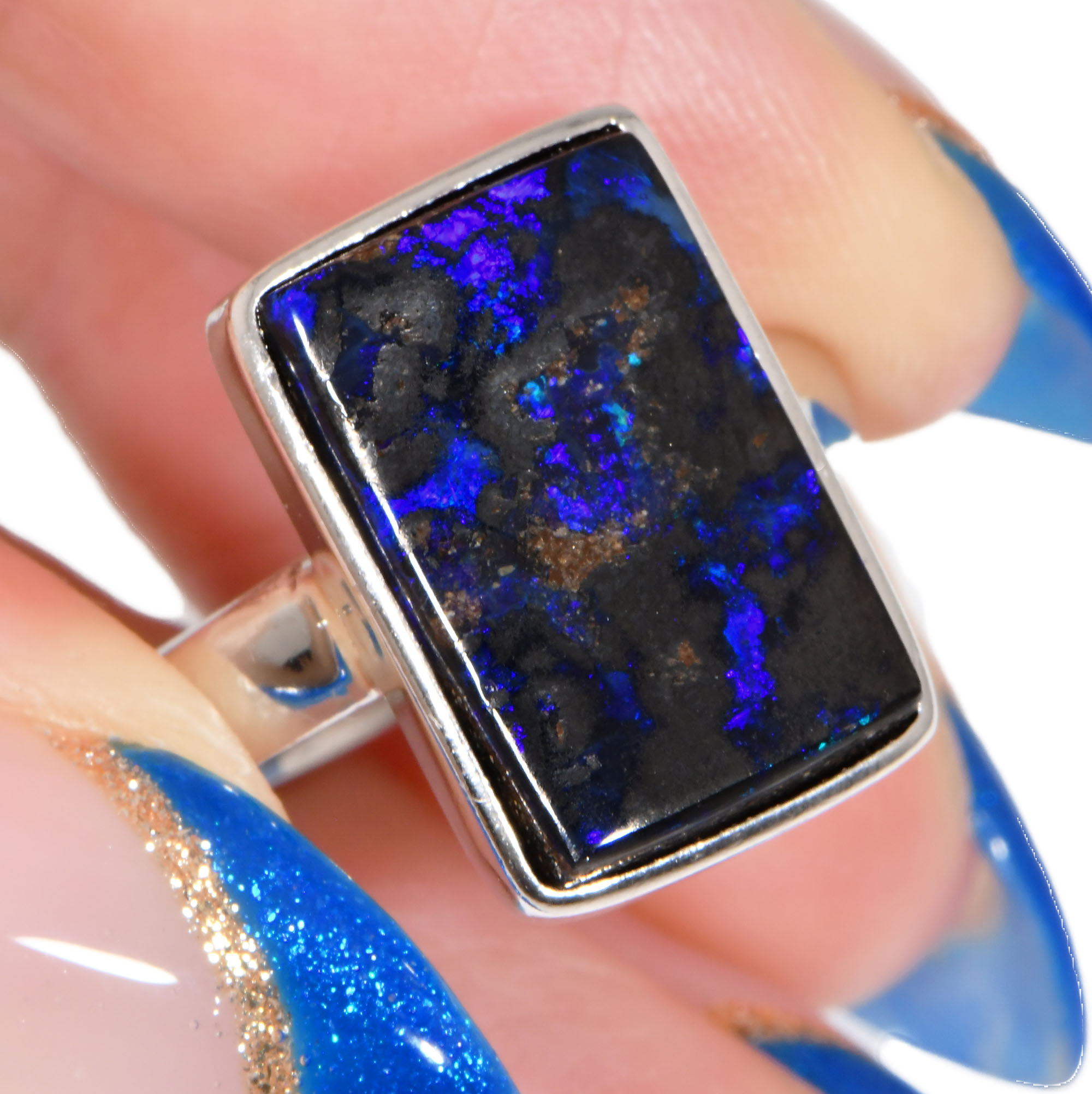 Sterling Silver Solid Australian Blue Rectangle Boulder Opal Ring 22 ct-hand shot1