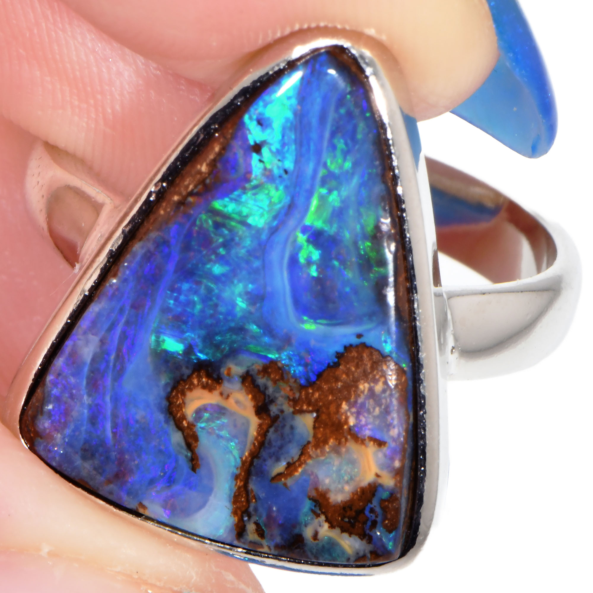 Sterling Silver Solid Australian Blue Triangle Boulder Opal Ring 21.5 ct-hand shot