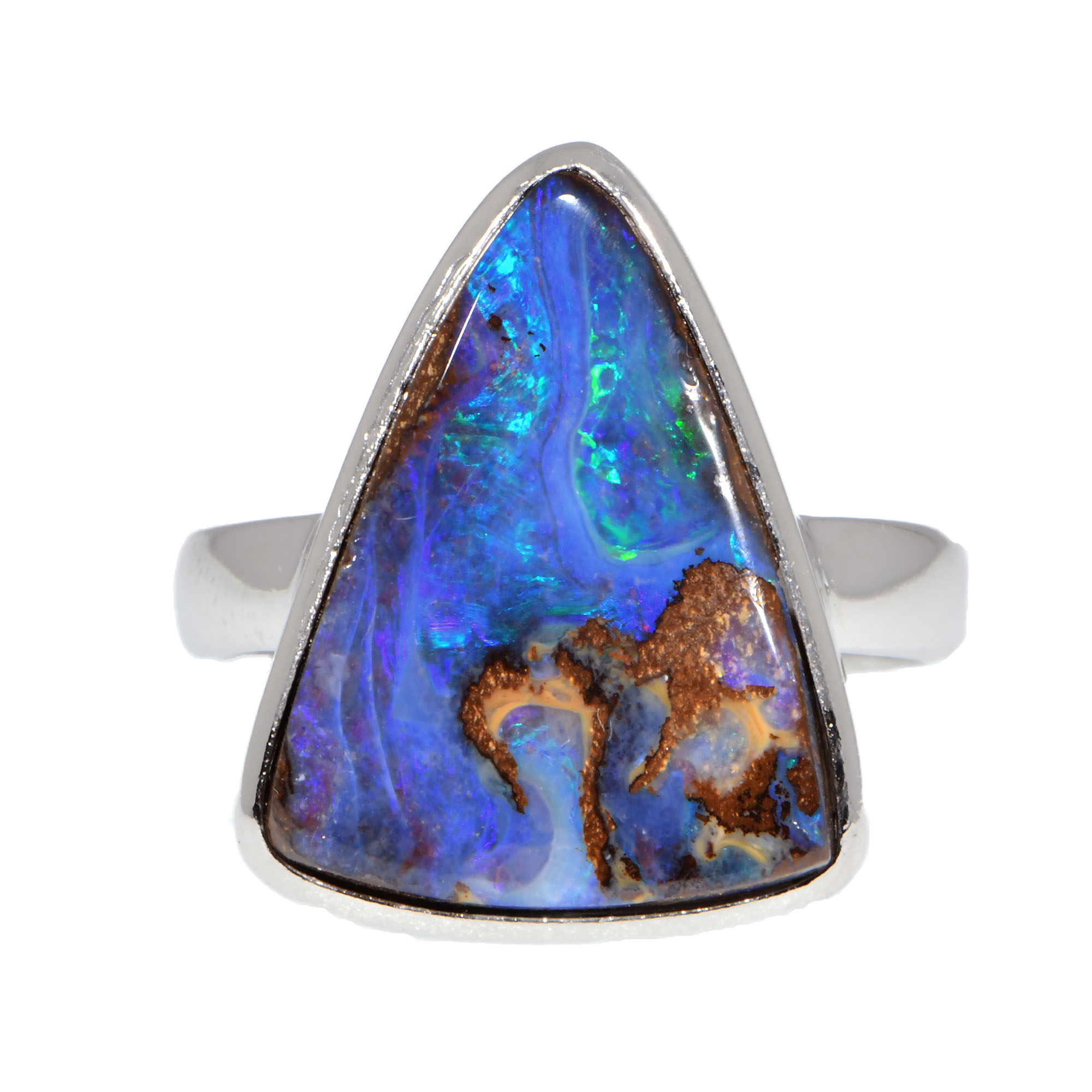 Sterling Silver Solid Australian Blue Triangle Boulder Opal Ring 21.5 ct