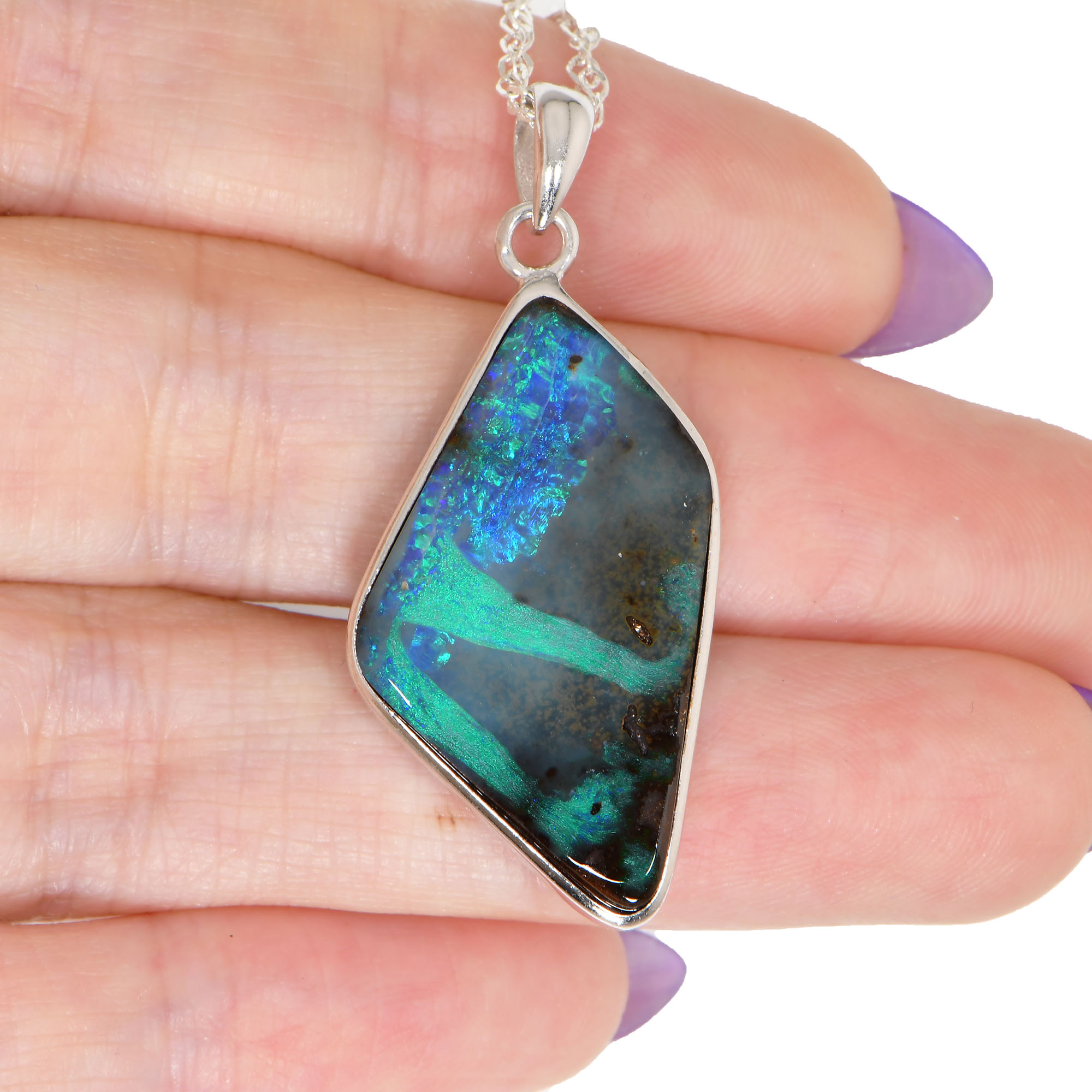 Boulder Opal Pendant 25.2 ct, Sterling Silver Green Blue Opal-hand shot1