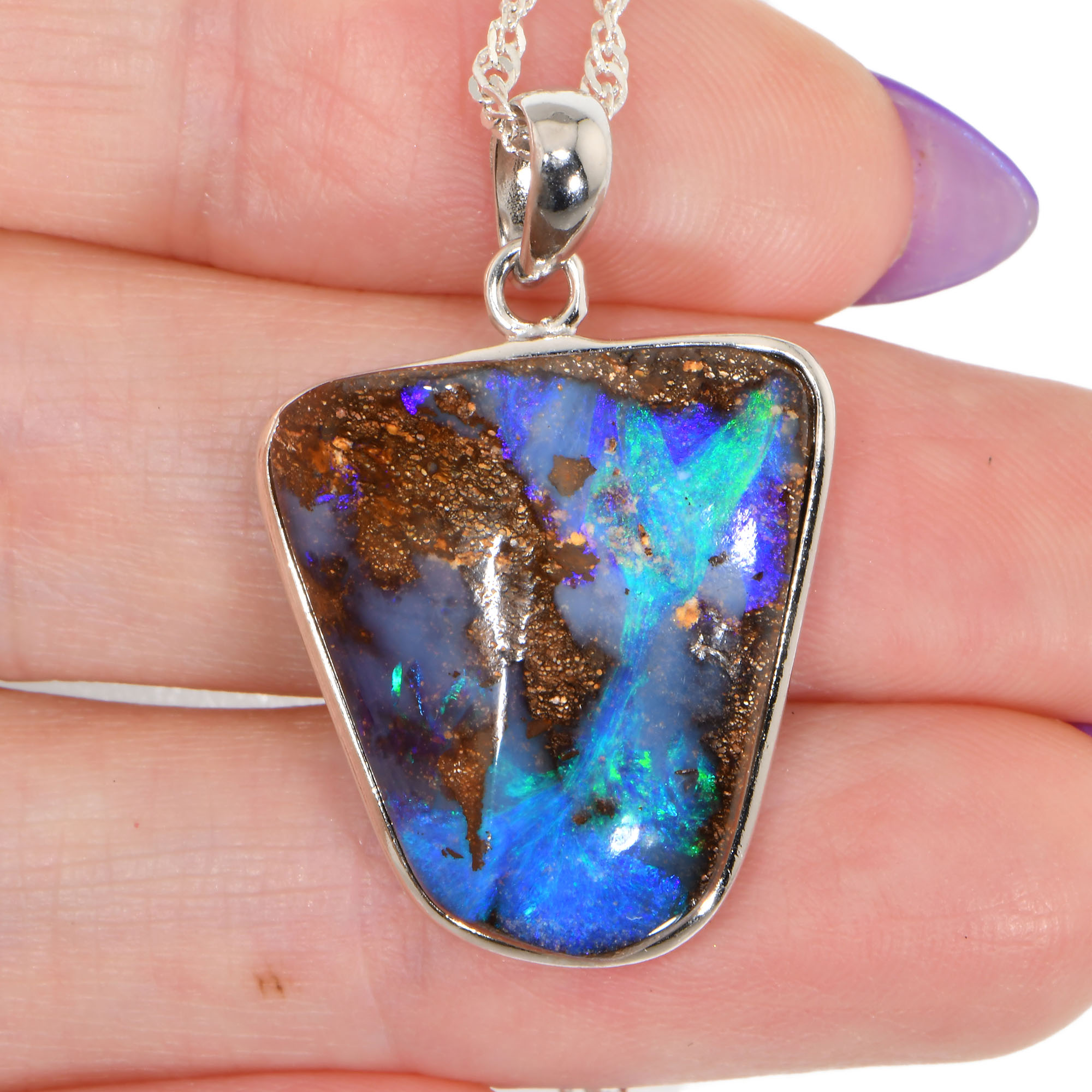 Boulder Opal Pendant 30.5 ct, Sterling Silver Blue Green-hand shot1