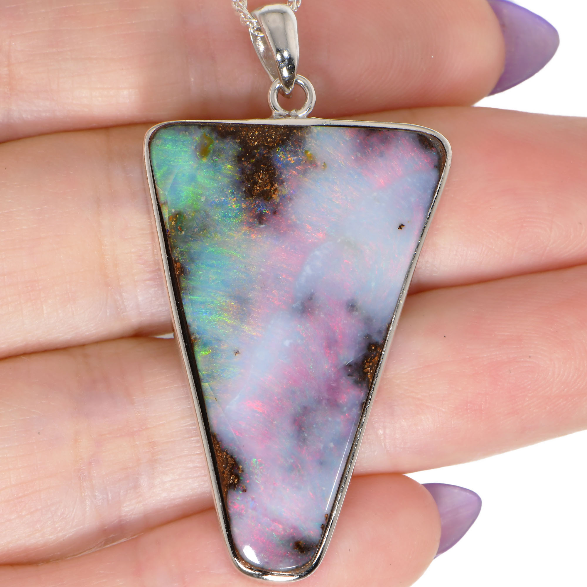 Boulder Opal Pendant 51 ct, Sterling Silver Watermelon Color Opal-hand shot