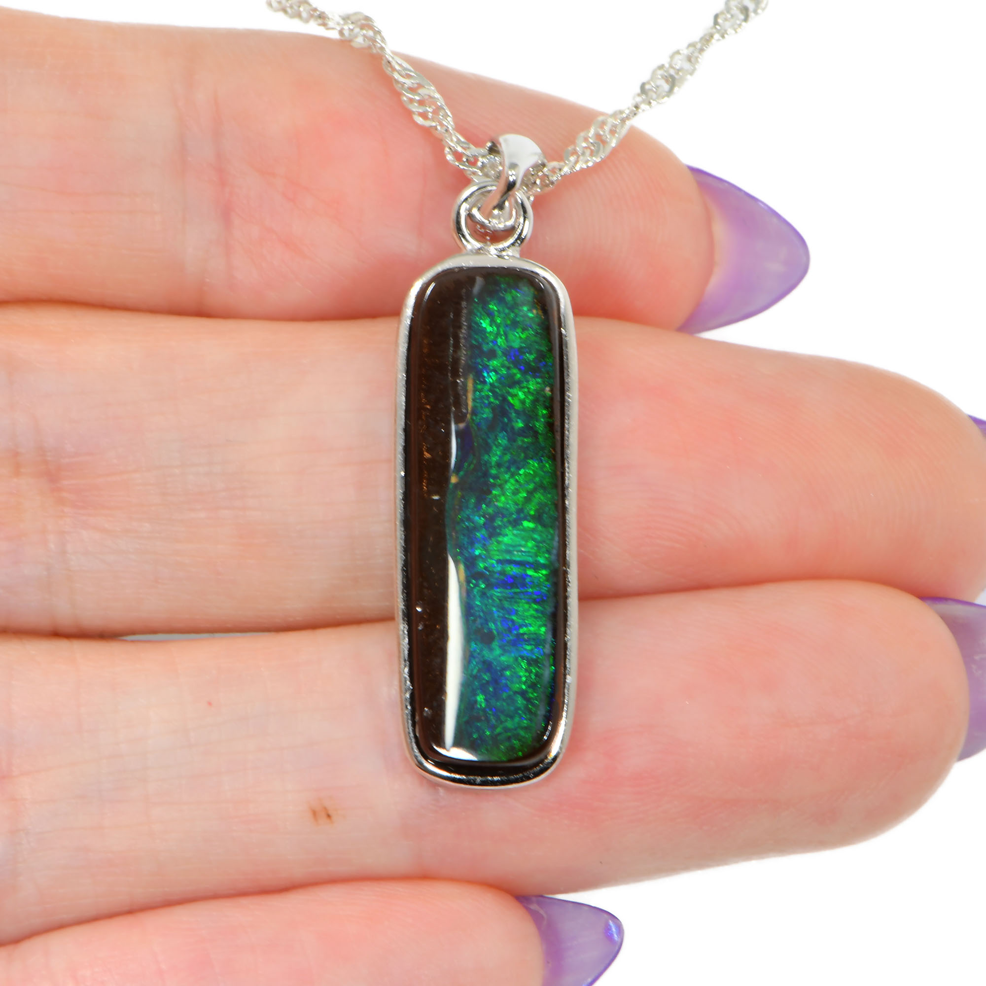 Silver Australian Boulder Opal Pendant with Necklace 18 ct-hand shot