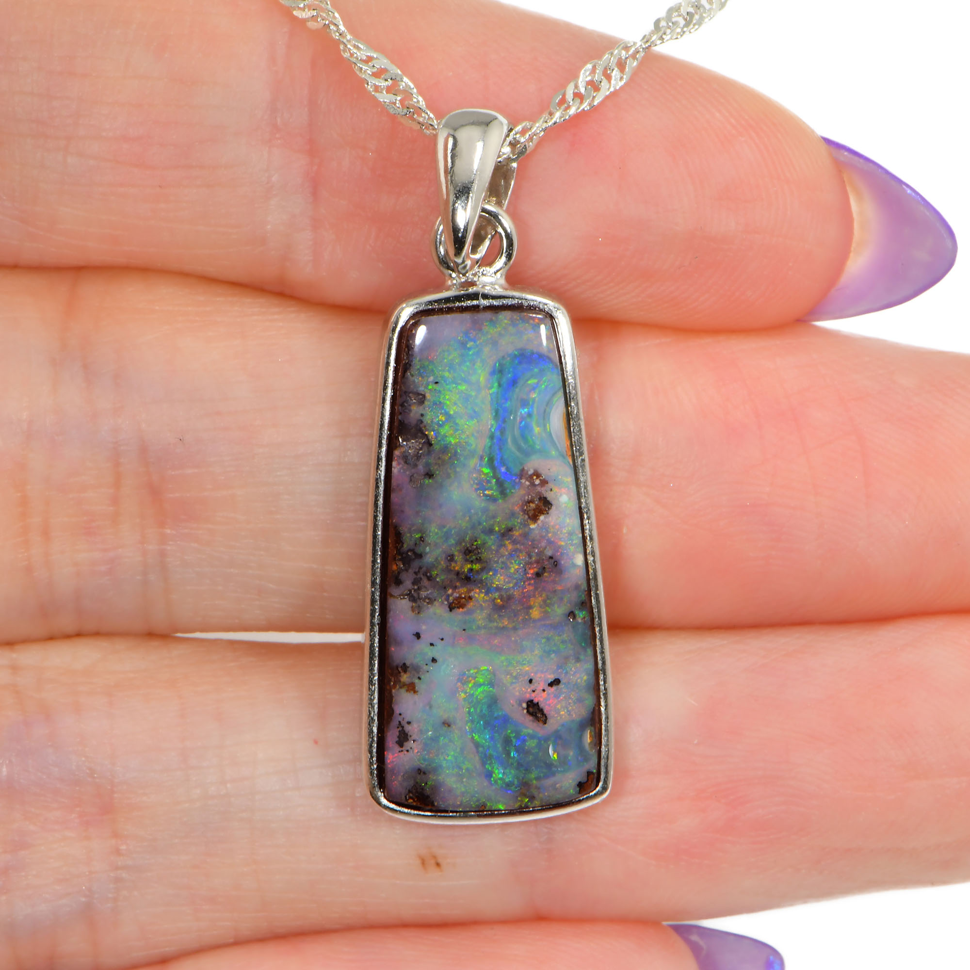 Silver Australian Boulder Opal Pendant with Necklace 19.5 ct-hand shot