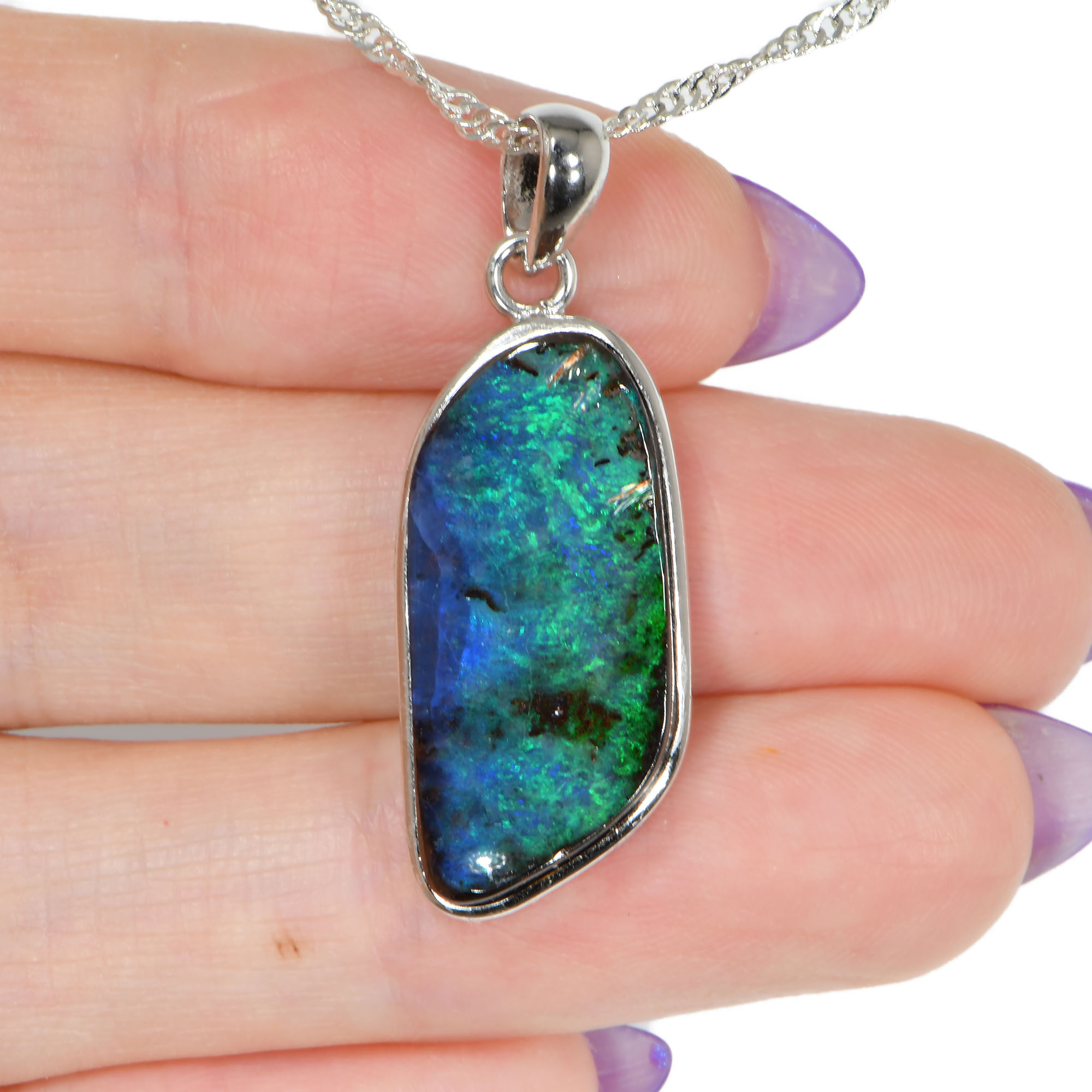 Silver Australian Boulder Opal Pendant with Necklace 24 ct-hand shot