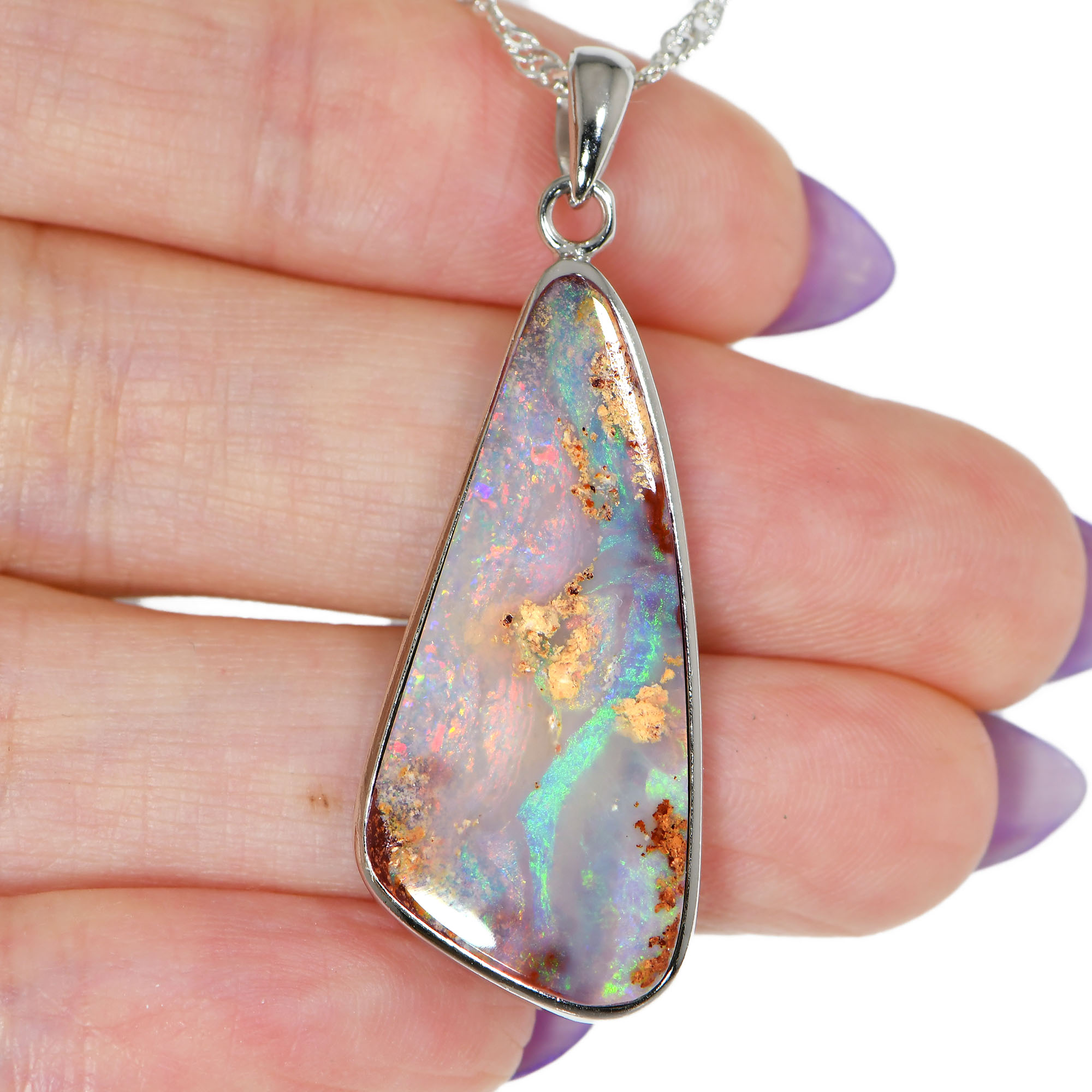 Silver Australian Boulder Opal Pendant with Necklace 28.5 ct-hand shot
