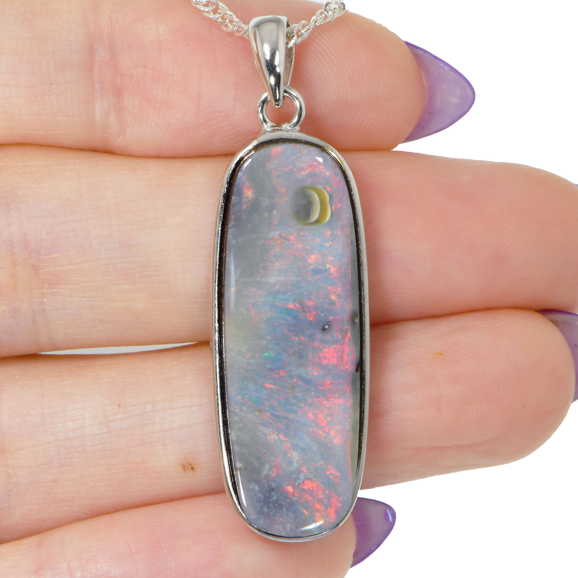 Silver Australian Boulder Opal Pendant with Necklace 32.3 ct-hand shot