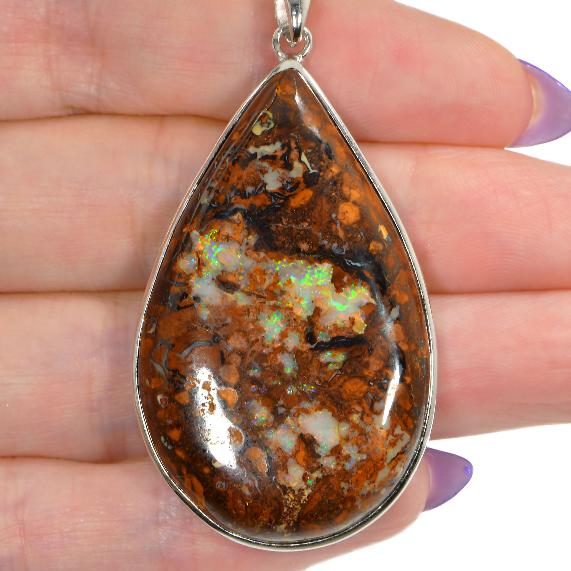 Silver Australian Boulder Opal Pendant with Necklace 86 ct-hand shot
