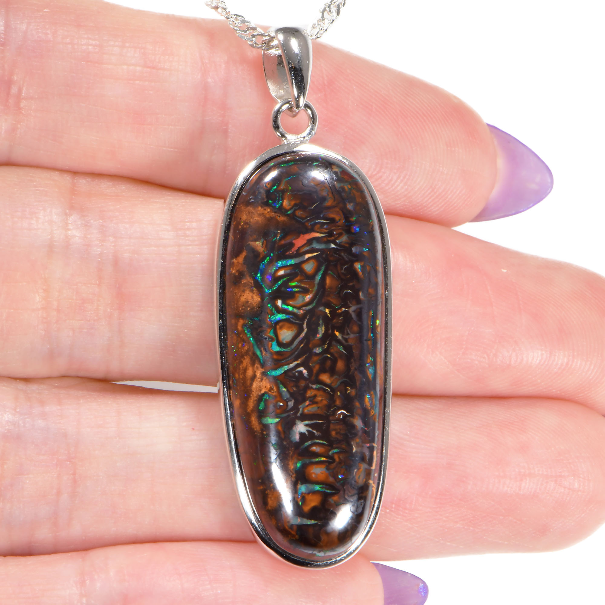 Silver Koroit Vein Boulder Opal Pendant with Necklace 37 ct-hand shot