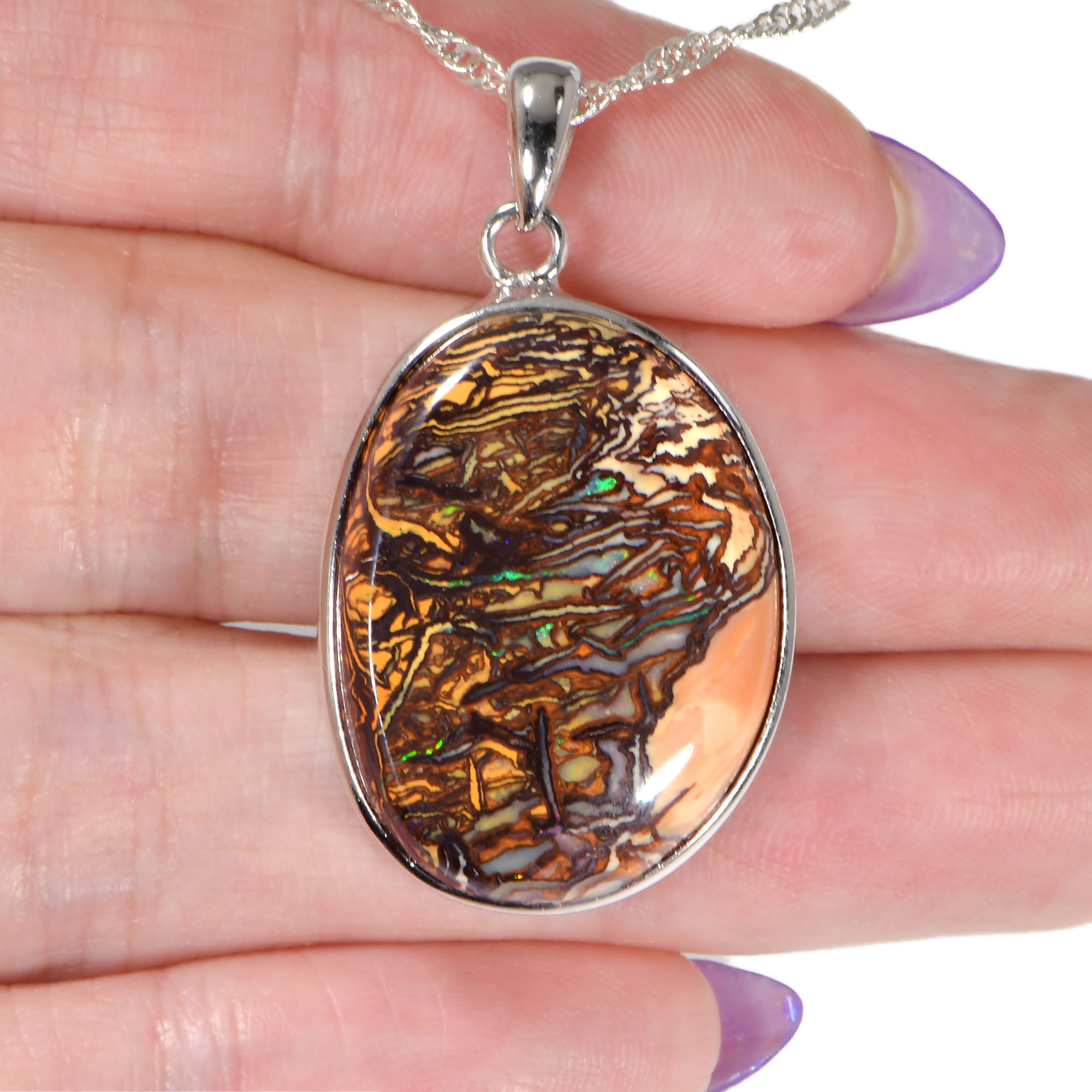 Silver Koroit Vein Boulder Opal Pendant with Necklace 49 ct-hand shot