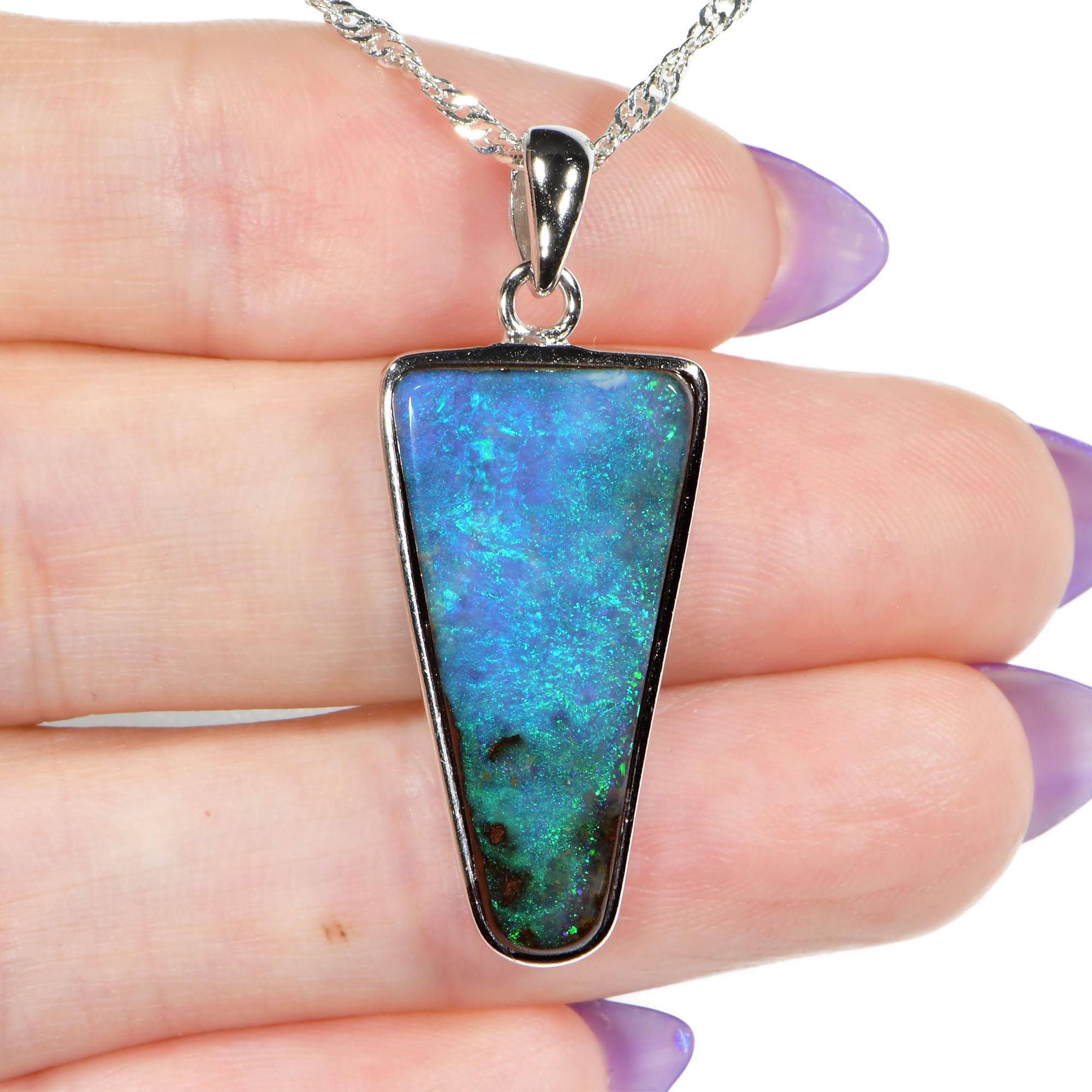 Silver Ocean Reef Boulder Opal Pendant with Necklace 21.6 ct-hand shot