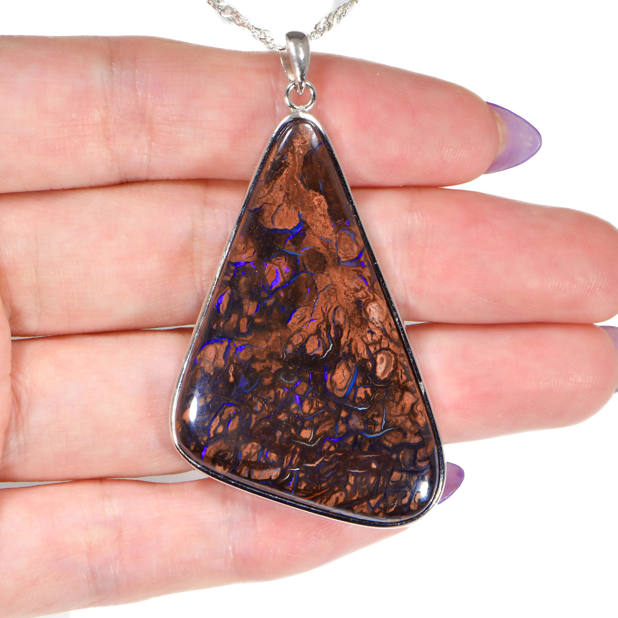 Silver Purple Boulder Opal Pendant with Necklace 78 ct-hand shot