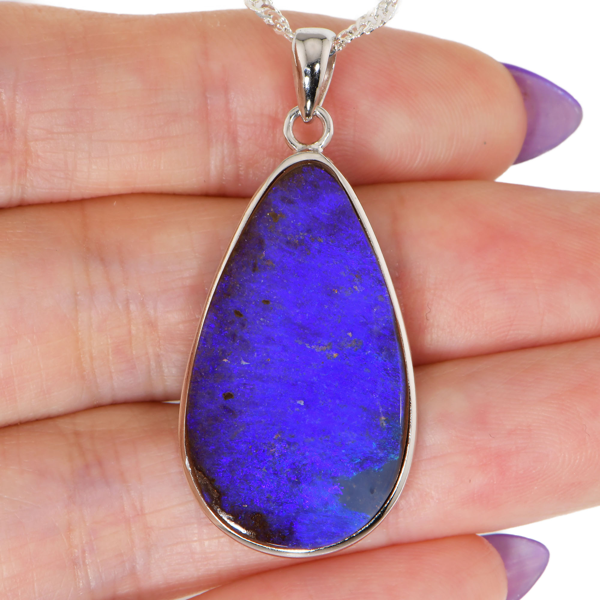 Silver Purple Teardrop Boulder Opal Pendant with Necklace 33.9 ct-hand shot