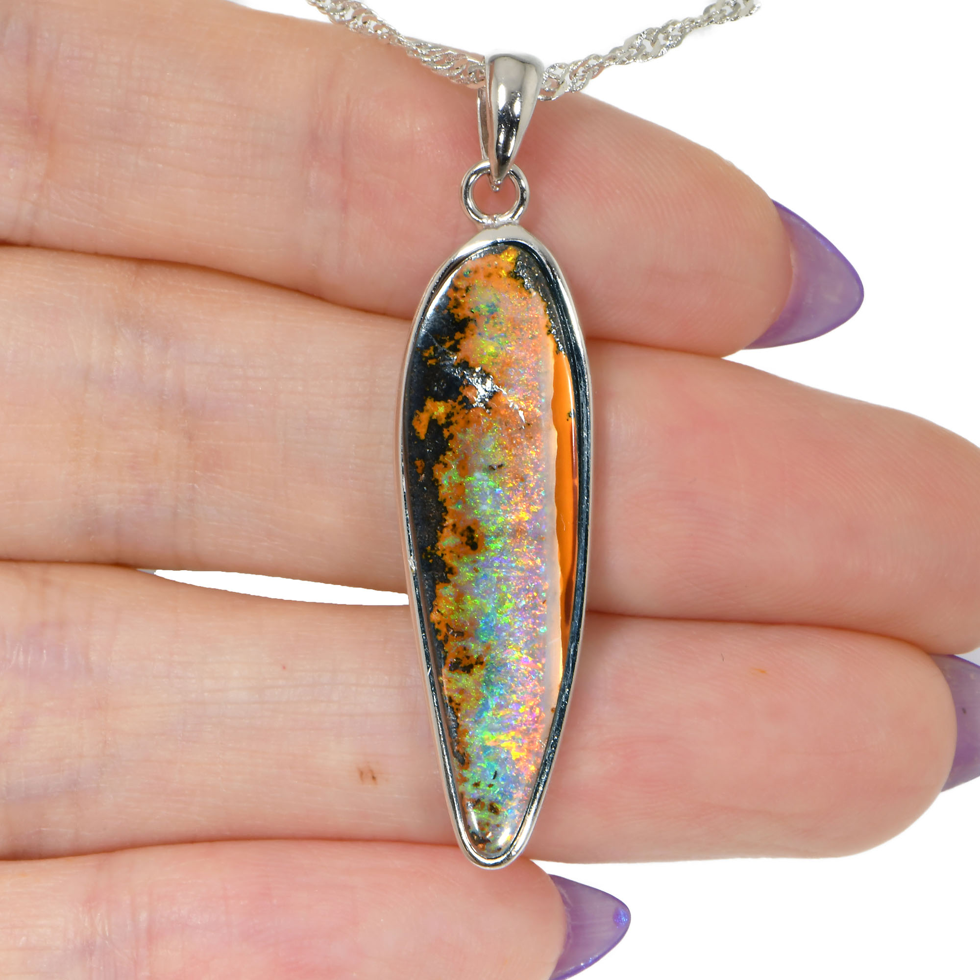 Silver Rainbow Boulder Opal Pendant with Necklace 21.4 ct-hand shot
