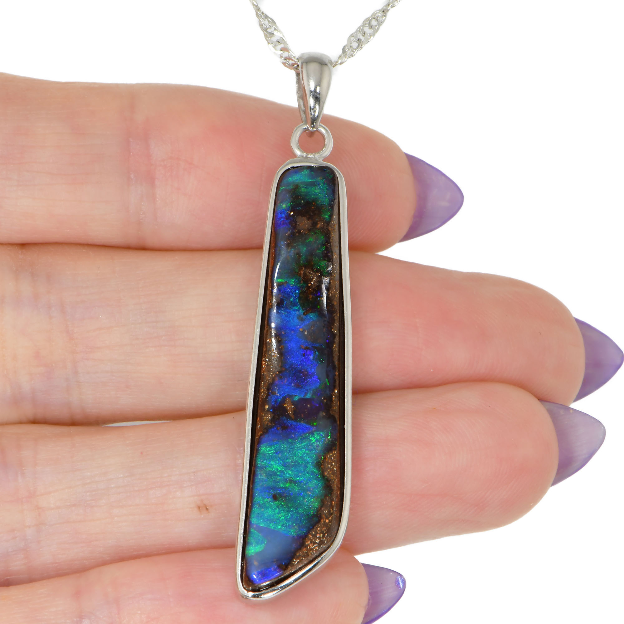 Silver Sword Shape Boulder Opal Pendant with Necklace 27.6 ct-hand shot