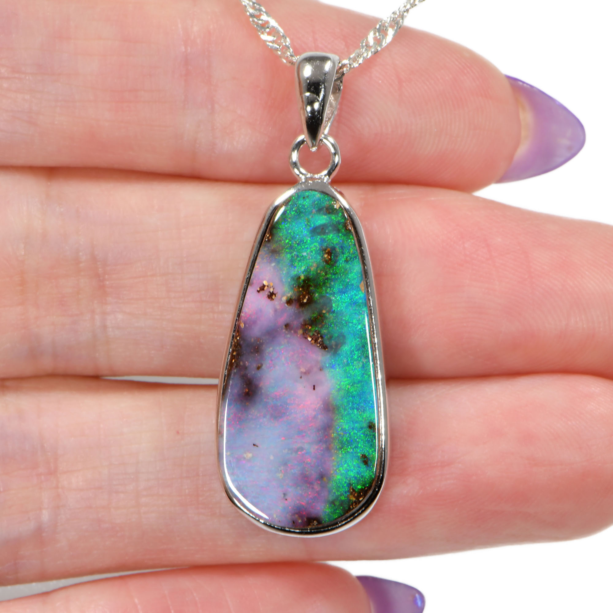 Silver Watermelon Boulder Opal Pendant with Necklace 25 ct-hand shot