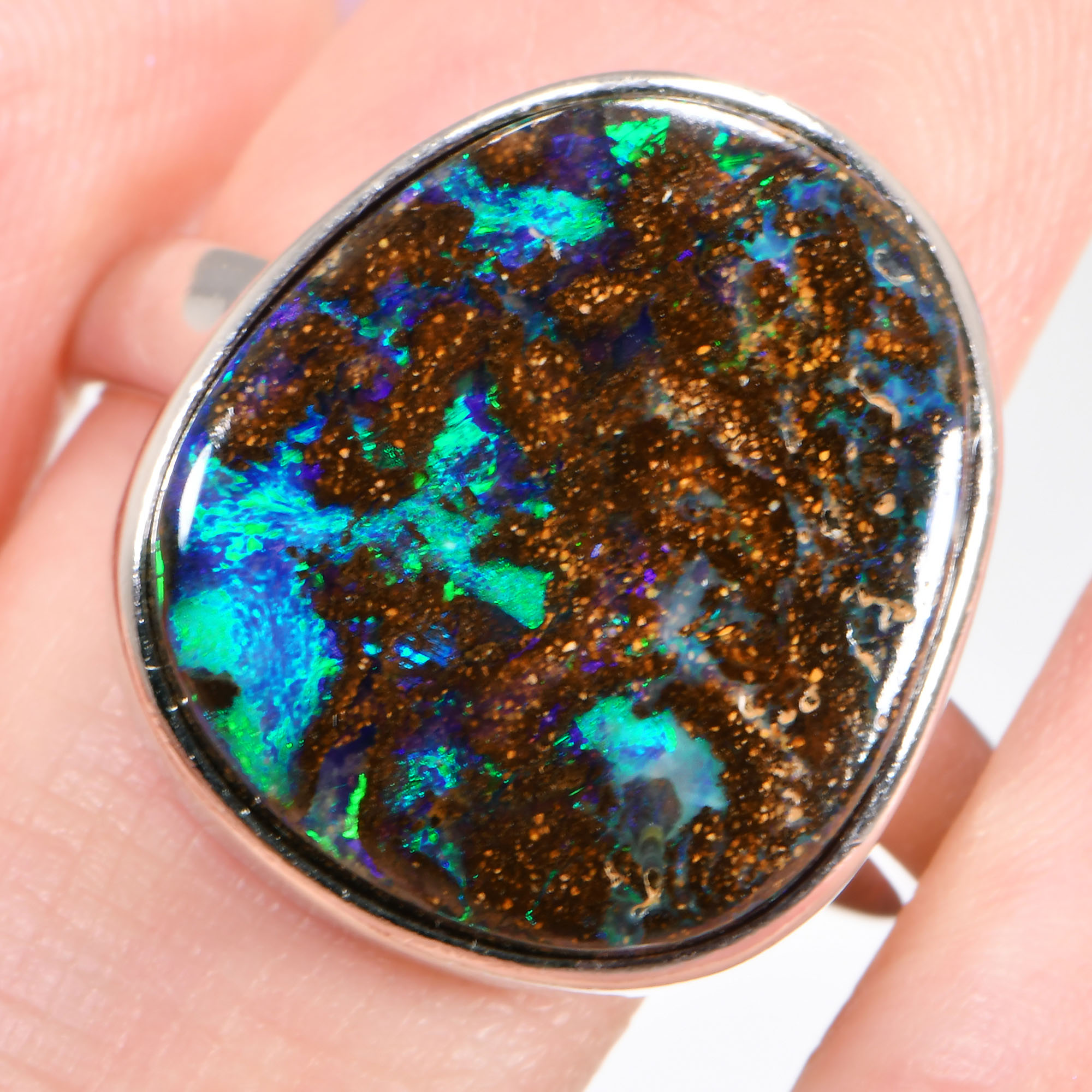 Sterling Silver Aqua Boulder Opal Ring 29 ct US 6 3-4-hand shot